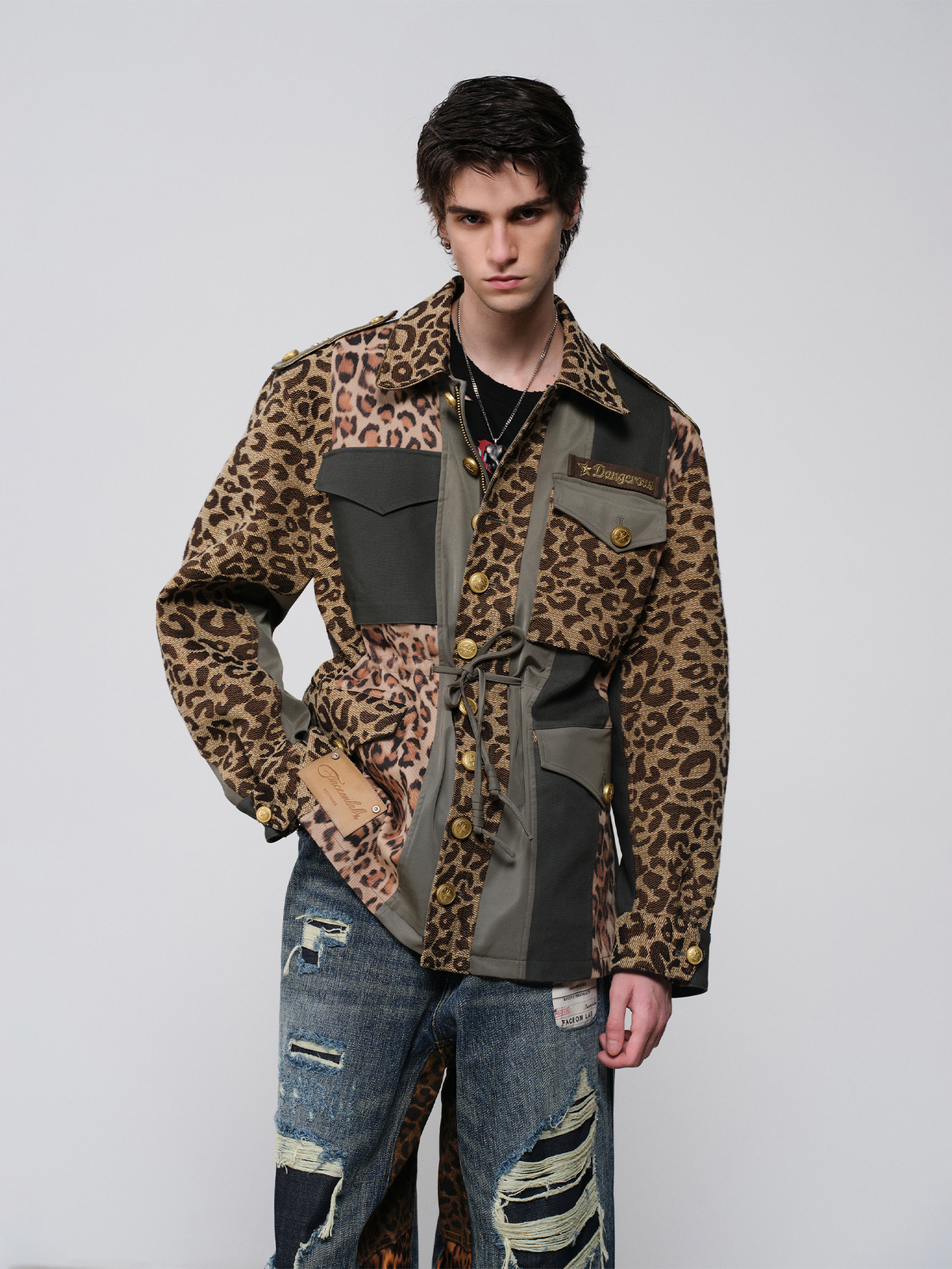 FACEONLAB Camo Spliced Leopard Lapel Jacket Brown