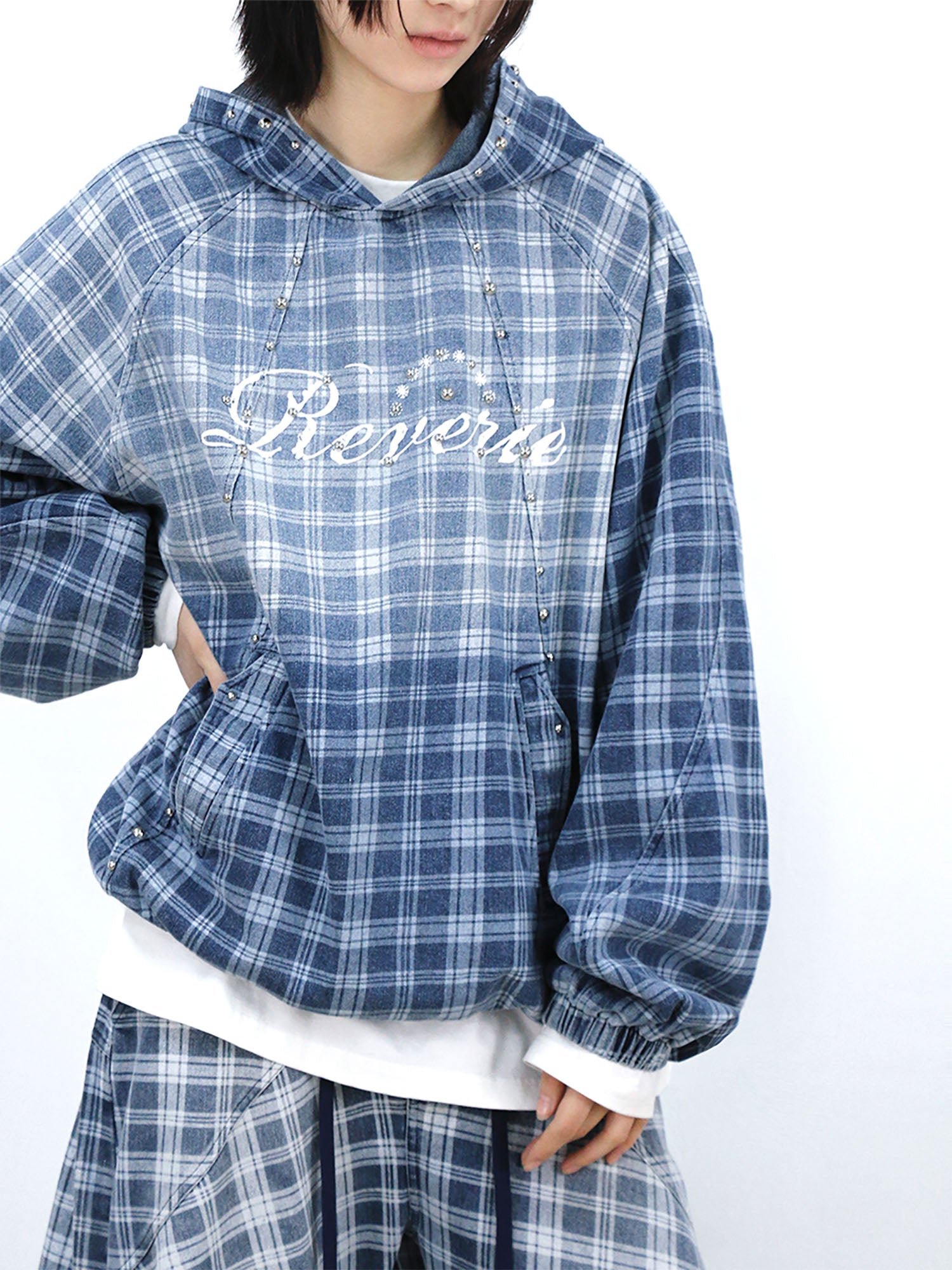 RELABEL Plaid Rivet Paneled Faded Hoodie, premium urban and streetwear designers apparel on PROJECTISR.com, RELABEL