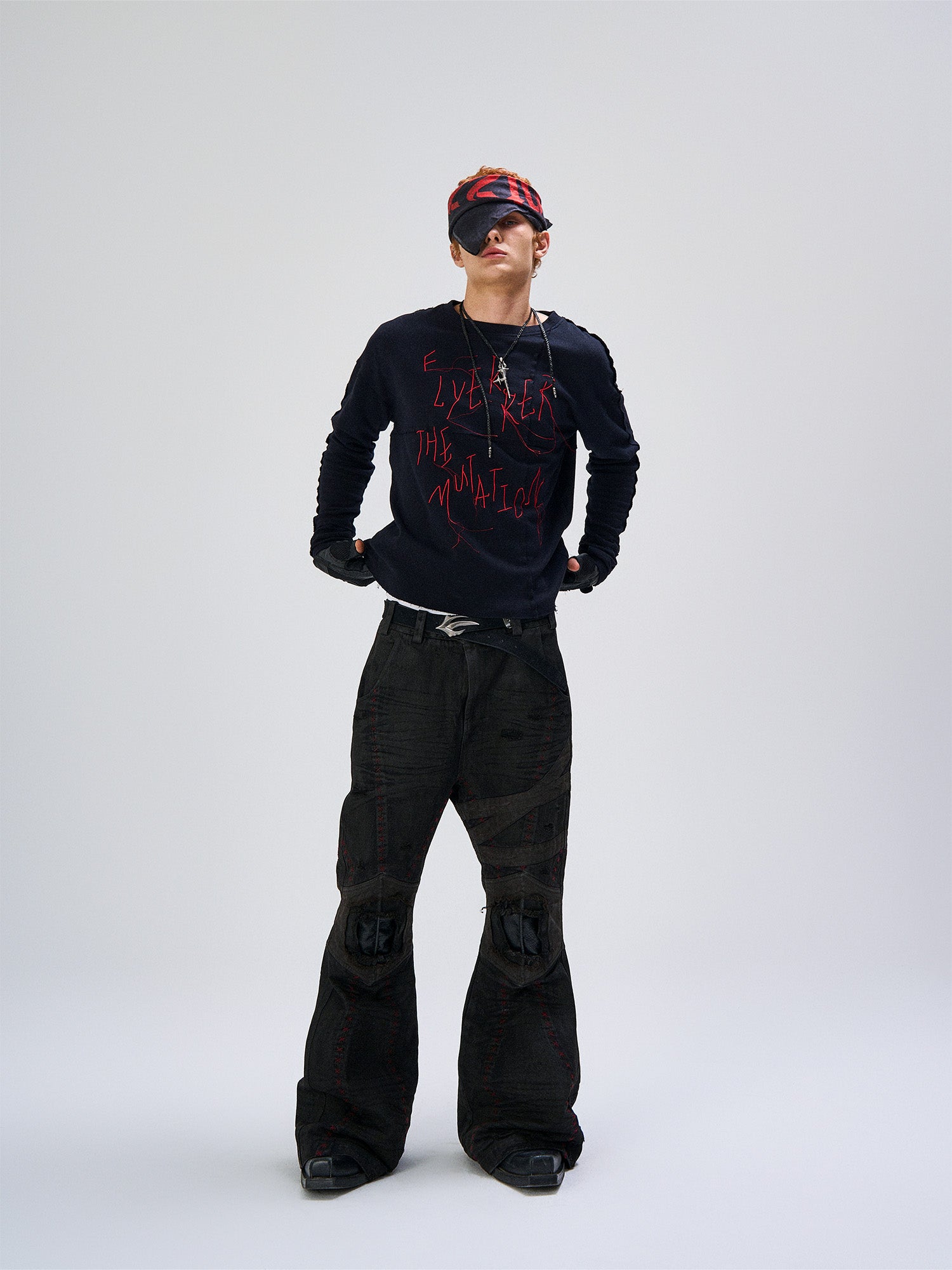 FLYERRER Cross-Panel Contrast Frayed Embroidered Long-Sleeve Tee, premium urban and streetwear designers apparel on PROJECTISR.com, FLYERRER