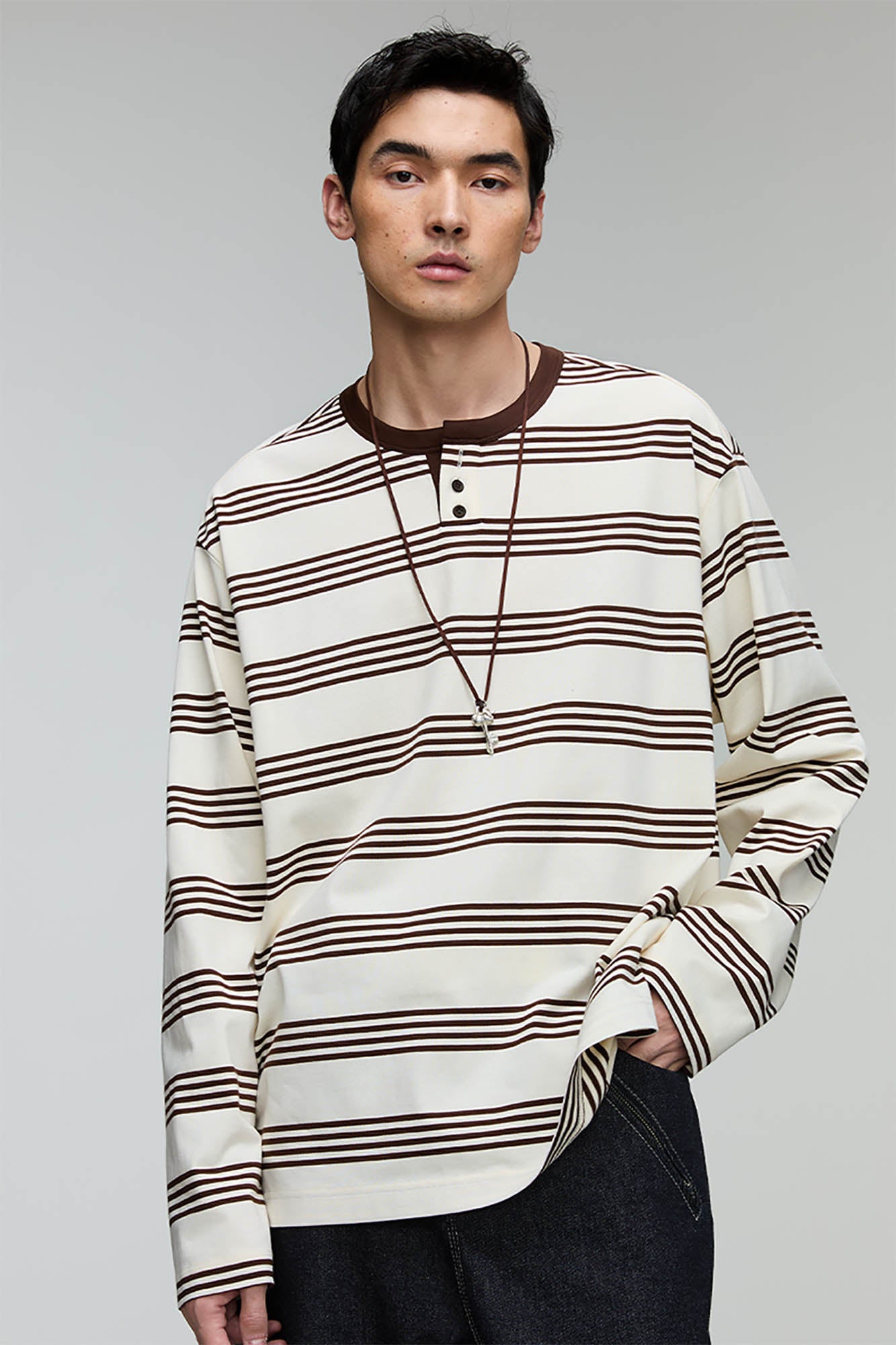 OPICLOTH Striped Henley Long-Sleeve Tee