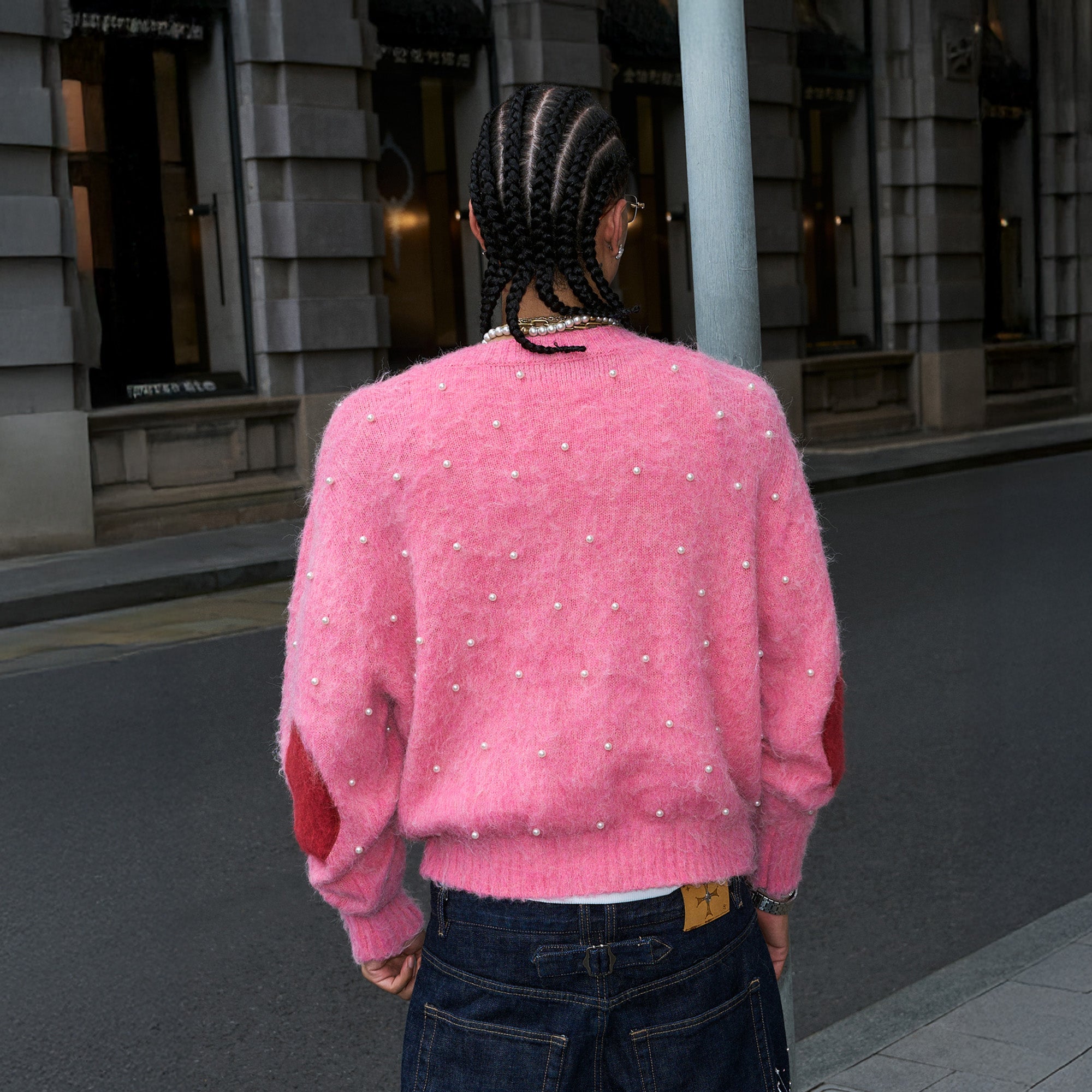 STEEPC Pearl-Studded Contrast Elbow Patch Cardigan
