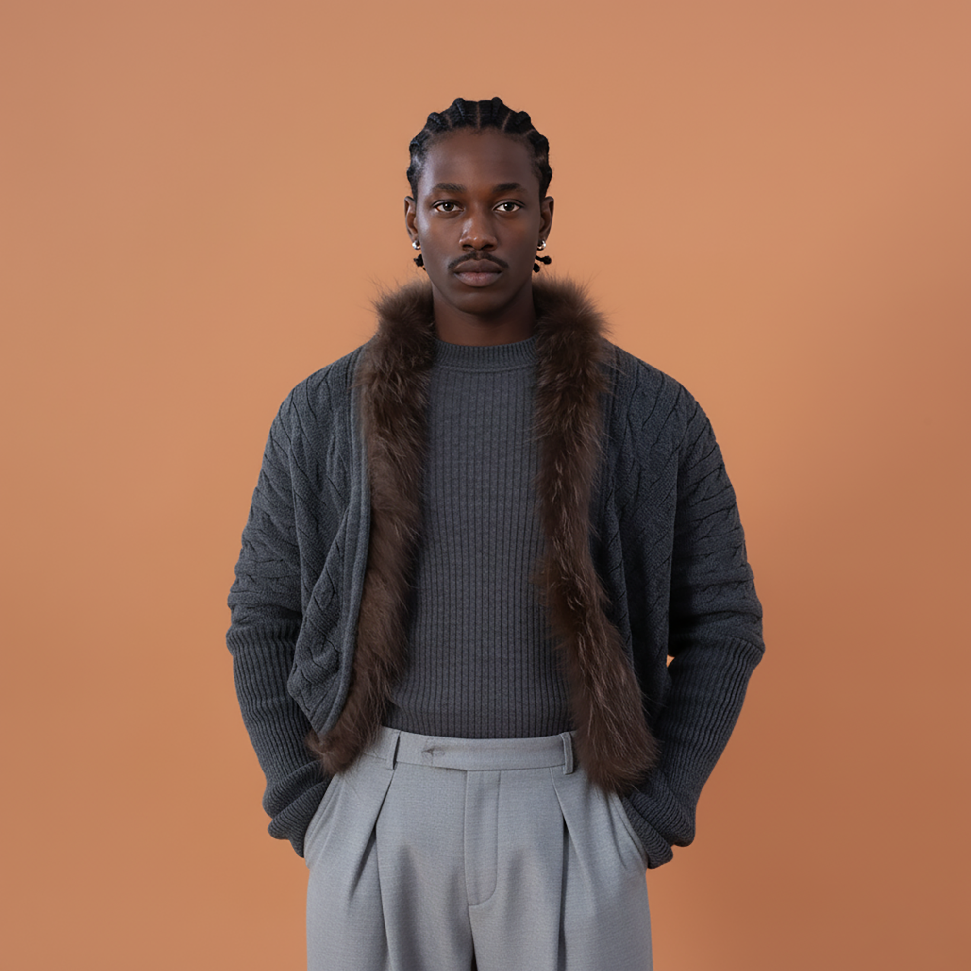 CLP Faux-Fur Trim Cable-Knit Cropped Cardigan