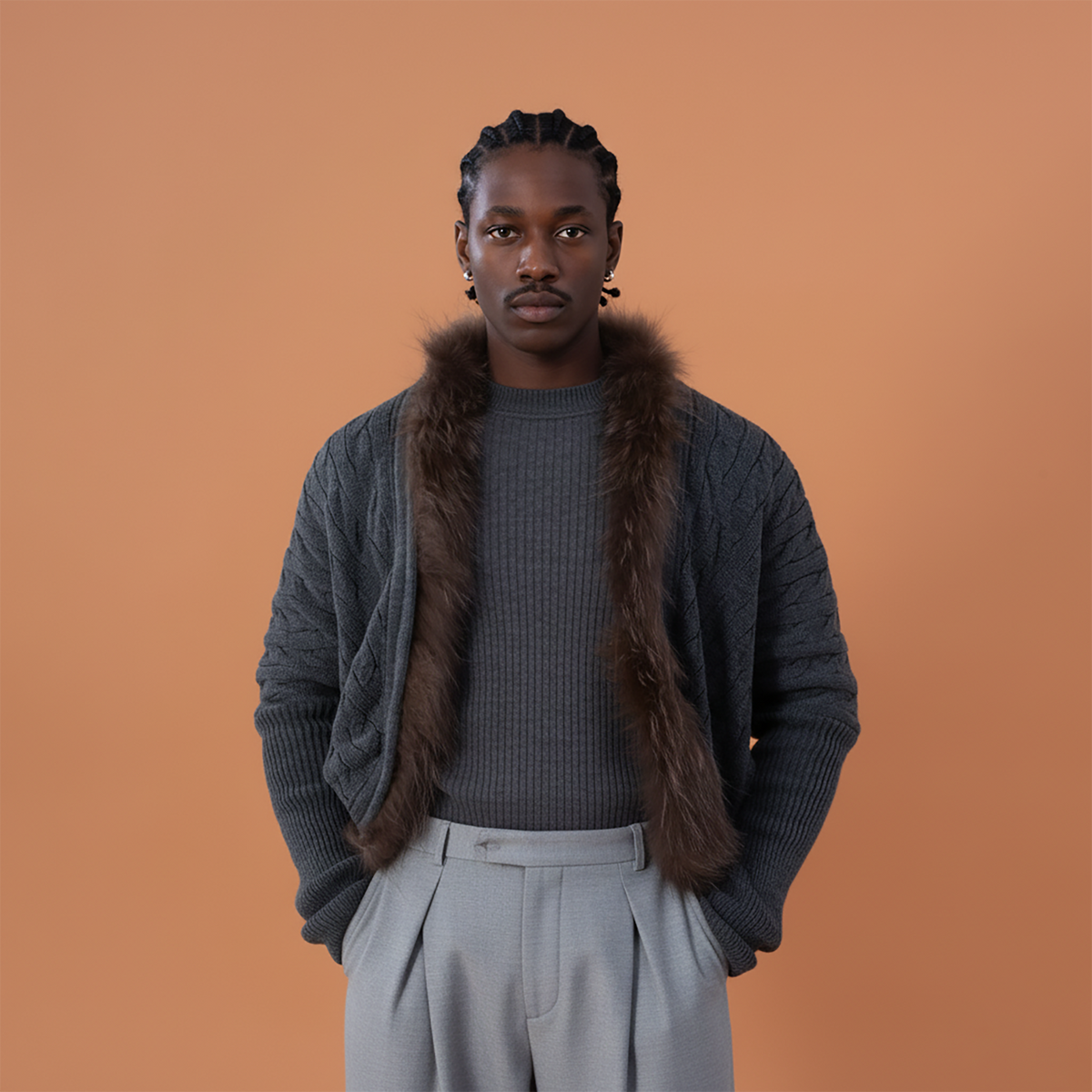 CLP Faux-Fur Trim Cable-Knit Cropped Cardigan