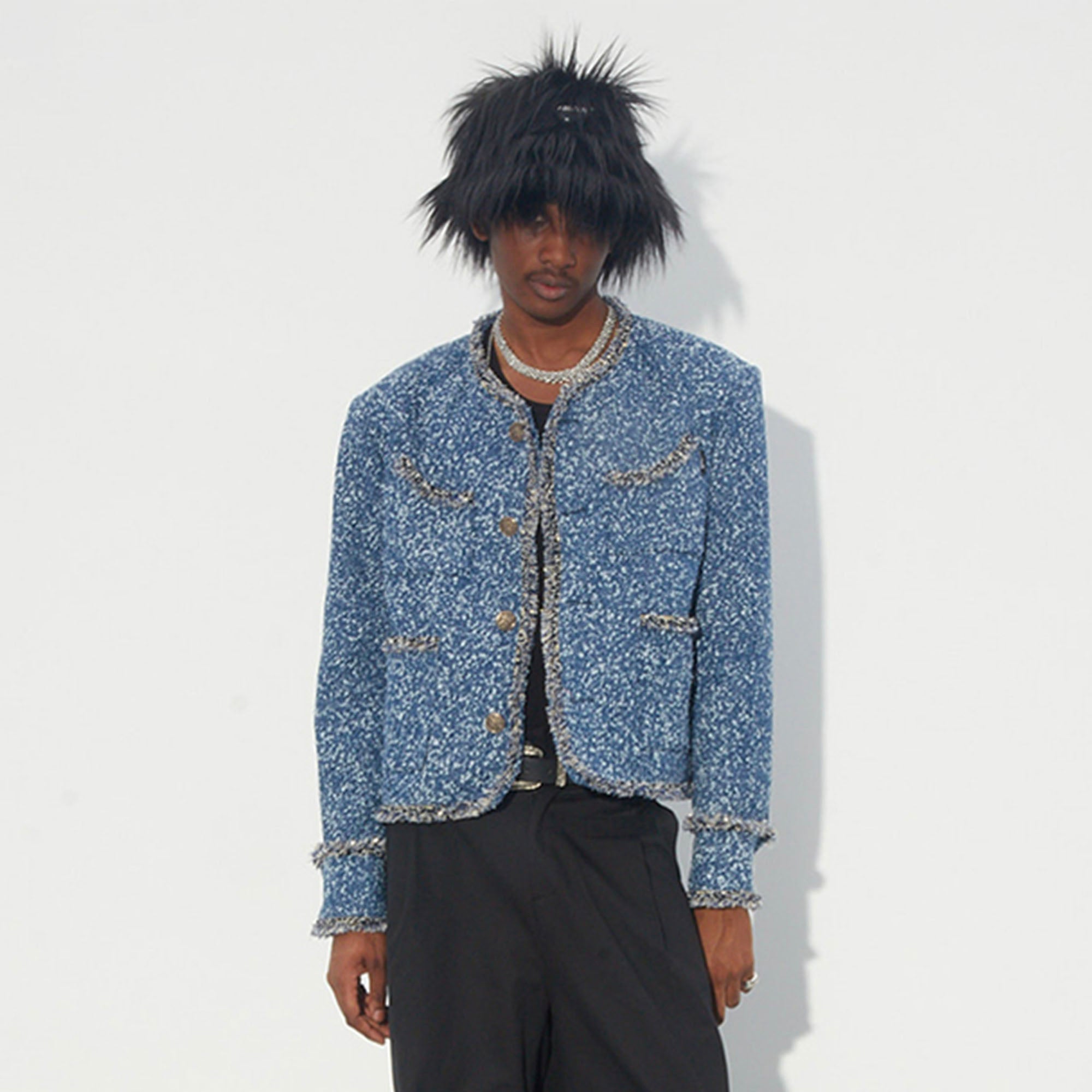 ASSEEN Washed Fringe Tweed Denim Jacket, premium urban and streetwear designers apparel on PROJECTISR.com, ASSEEN