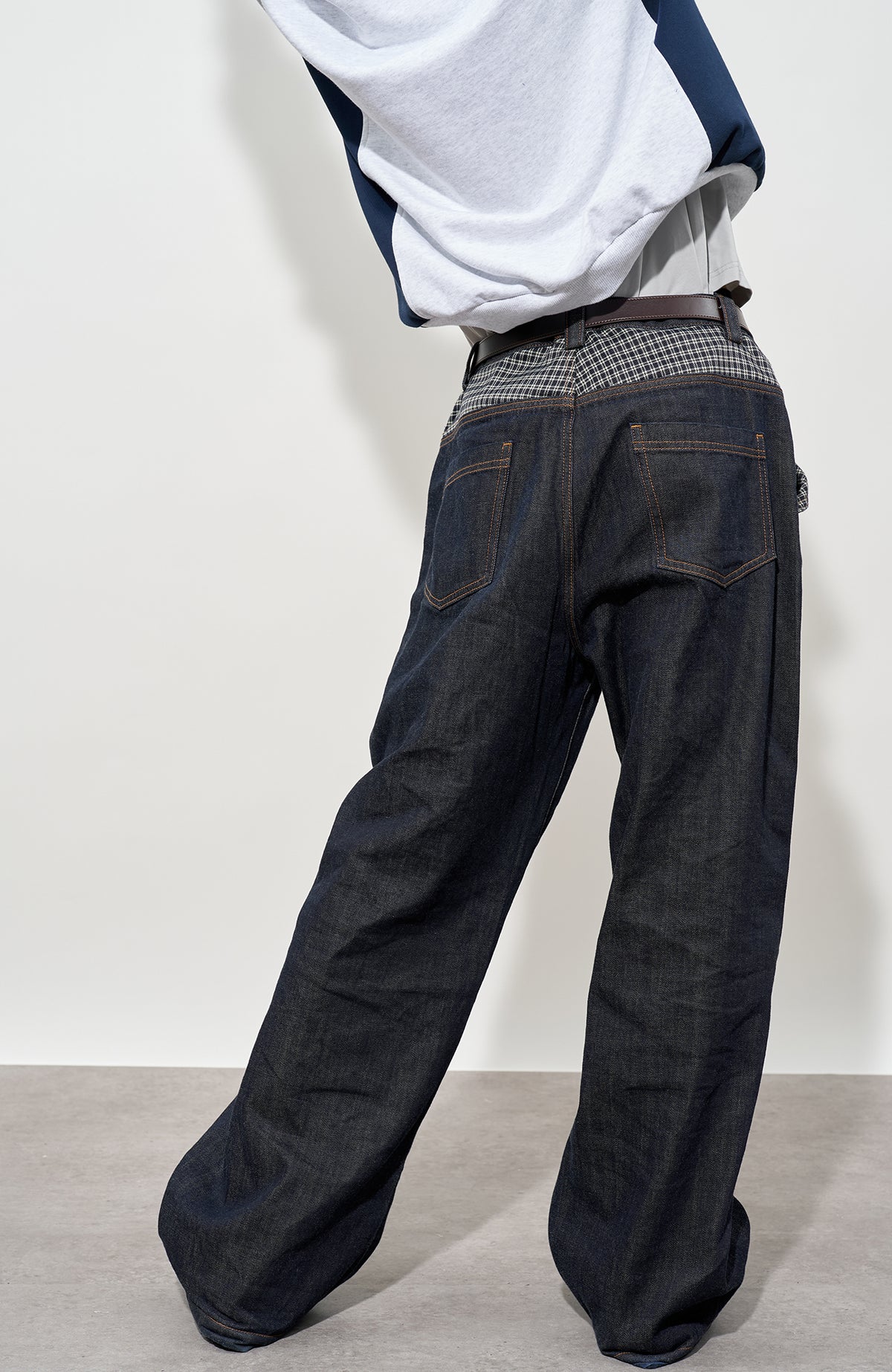 FMACM Plaid Spliced Raw-Hem Straight-Leg Jeans