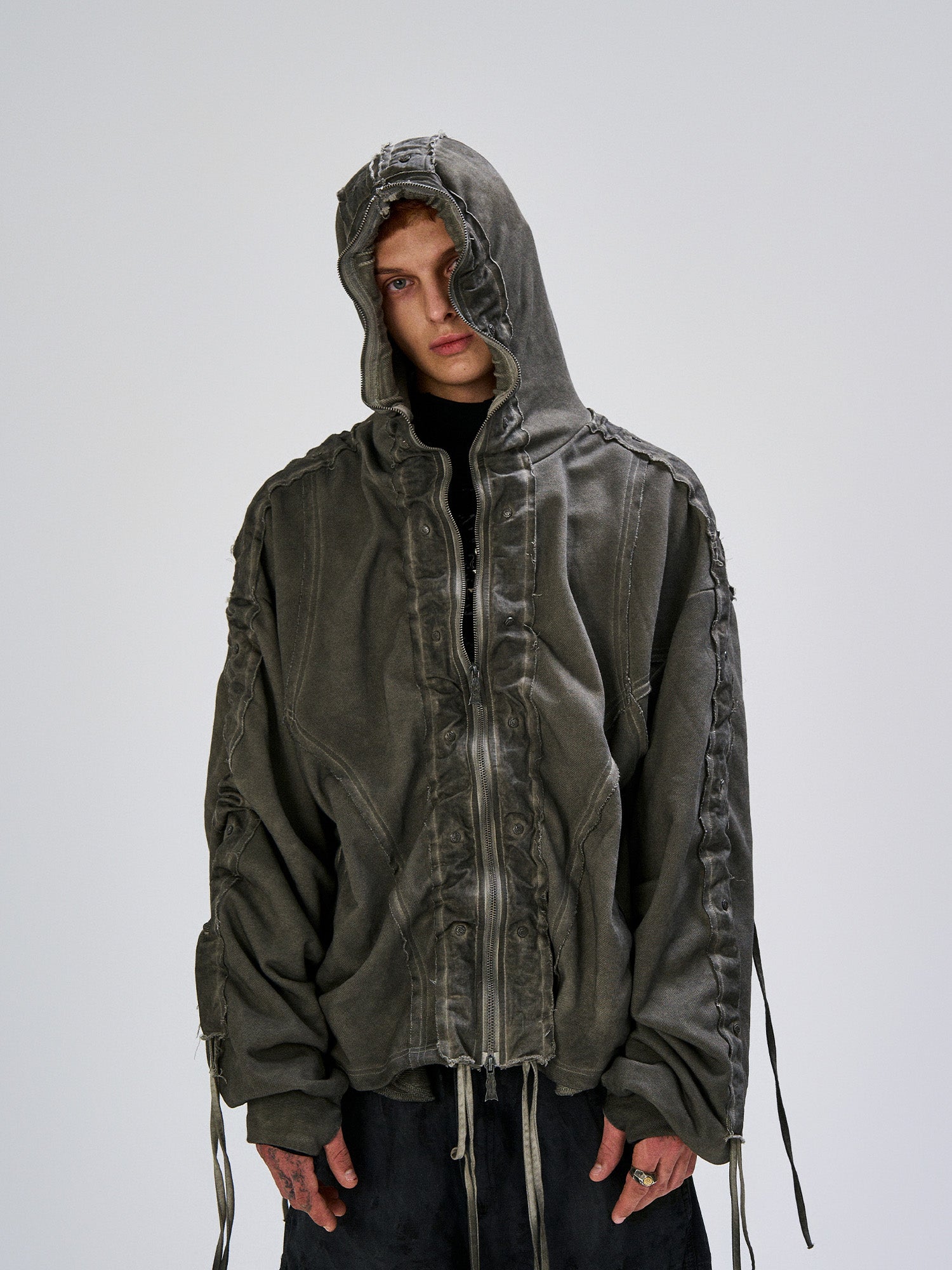 FLYERRER Distressed Drawstring Ruched Hooded Jacket, premium urban and streetwear designers apparel on PROJECTISR.com, FLYERRER