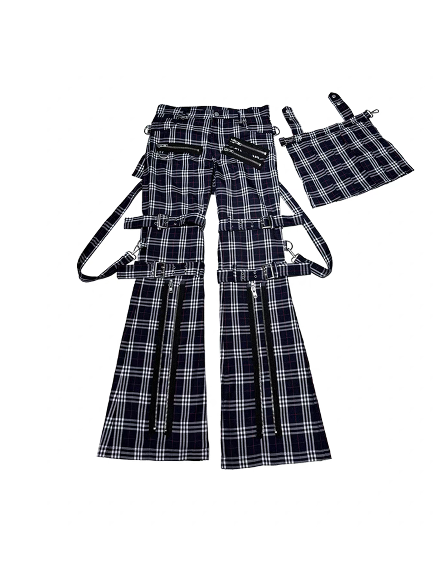 PCCVISION Detachable Skirt Panel Strap-Zip Plaid Flared Pants