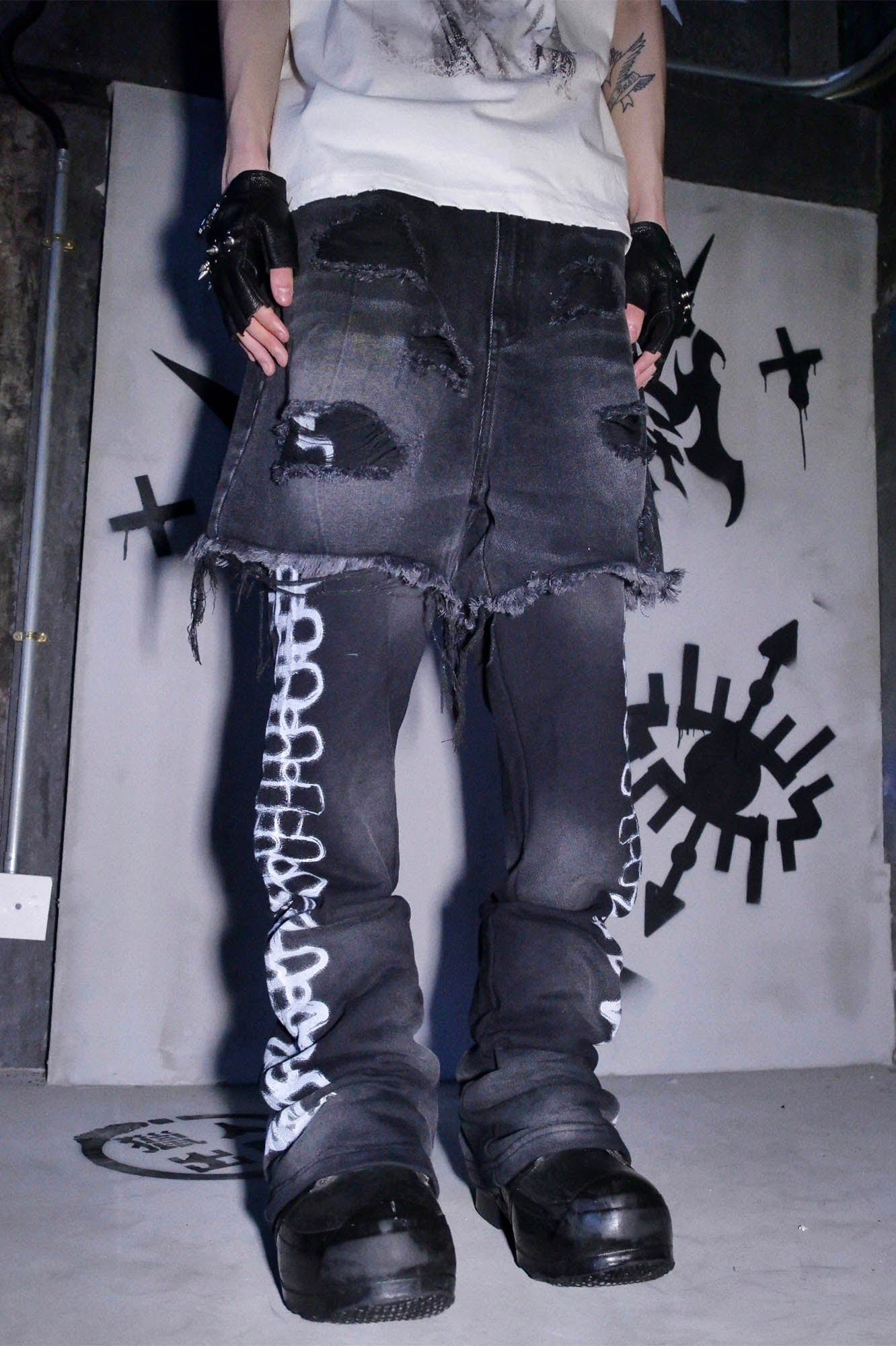 PHANTOMHUNTER Layered Ripped Spray-Painted Flared Jeans, premium urban and streetwear designers apparel on PROJECTISR.com, PHANTOMHUNTER