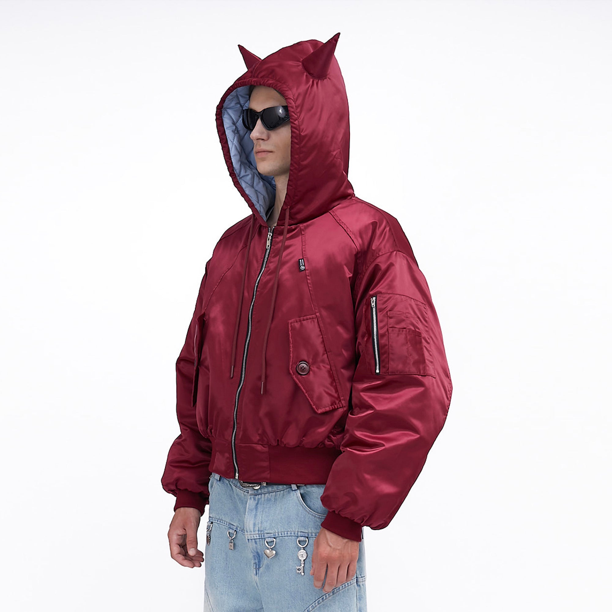 ASSEEN Devil-Horn Satin Hooded Bomber Jacket