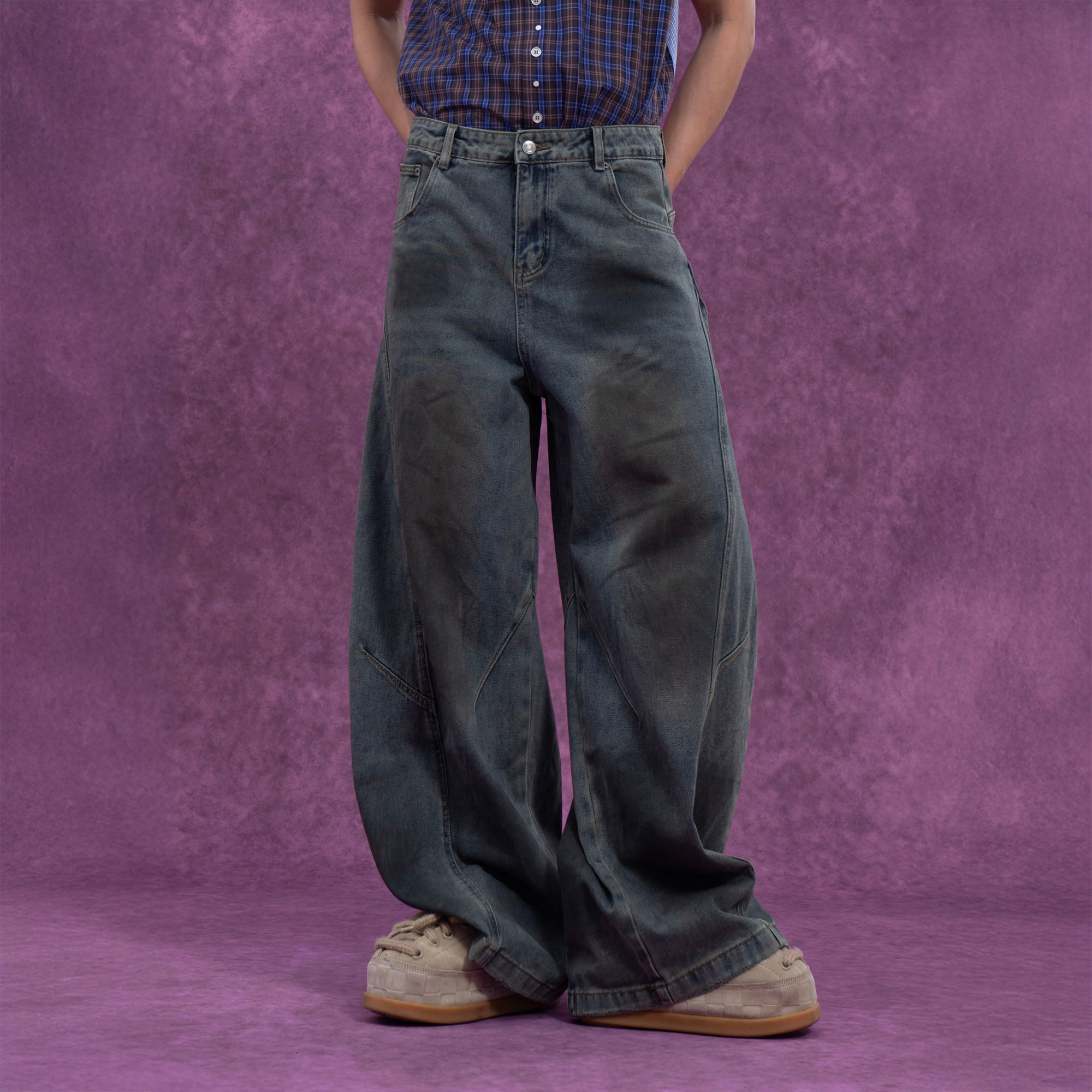 CLP Distressed Slant Panel Oversized Flared Jeans, premium urban and streetwear designers apparel on PROJECTISR.com, CLP