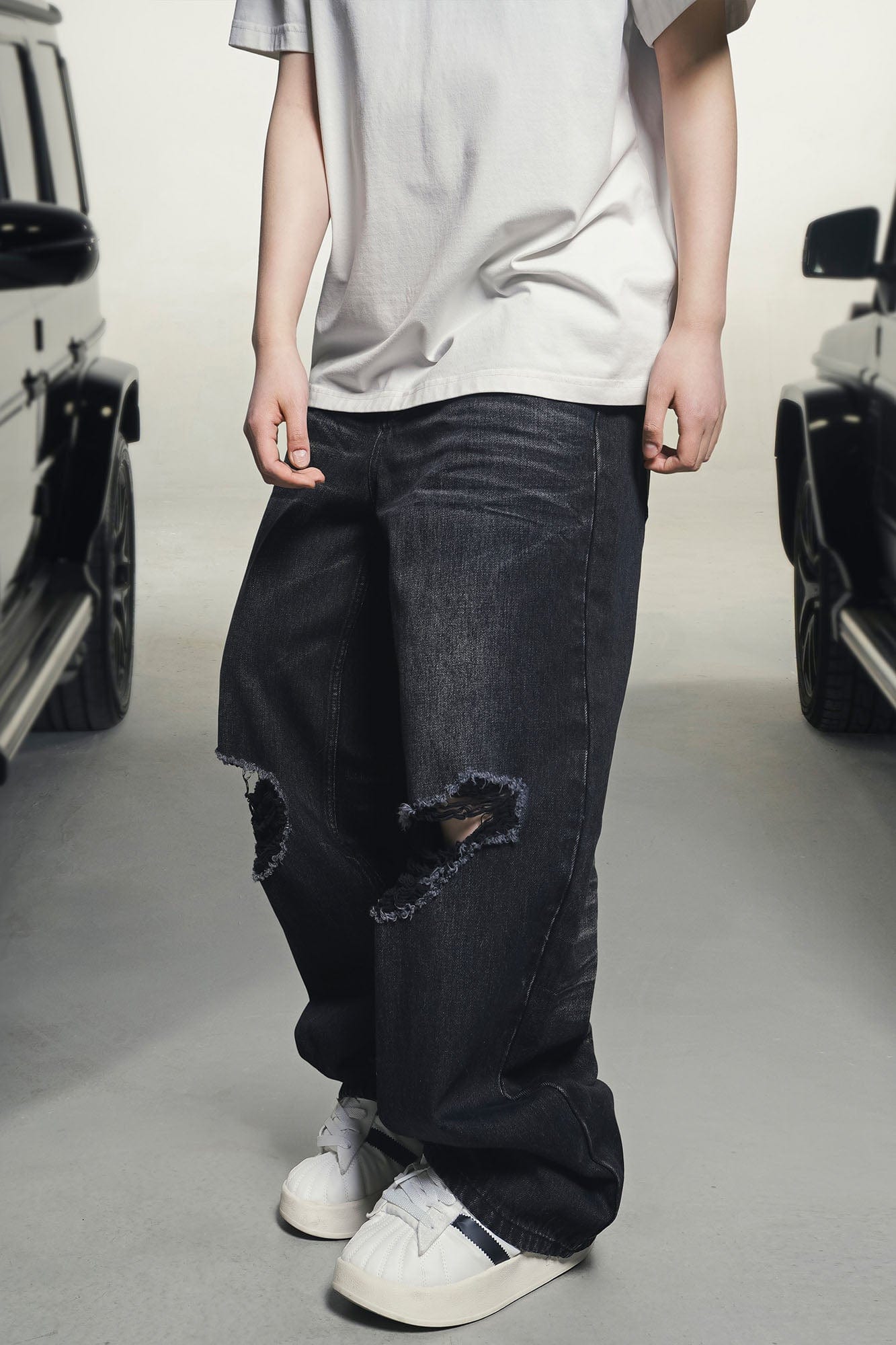 MAKEMORE Retro Washed Ripped Straight-Leg Jeans, premium urban and streetwear designers apparel on PROJECTISR.com, MAKEMORE