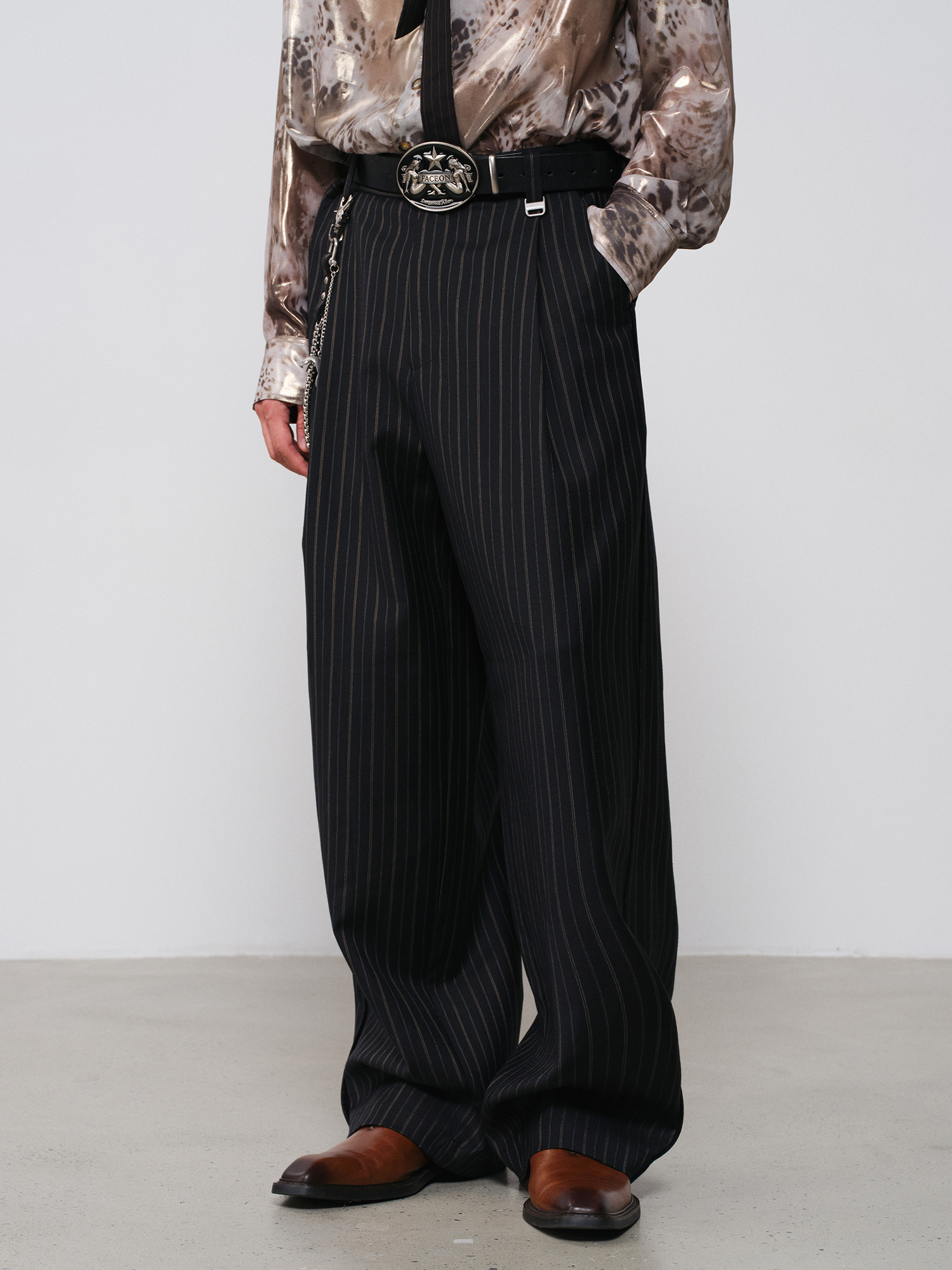 FACEONLAB Striped Wool-Blend Wide-Leg Trousers