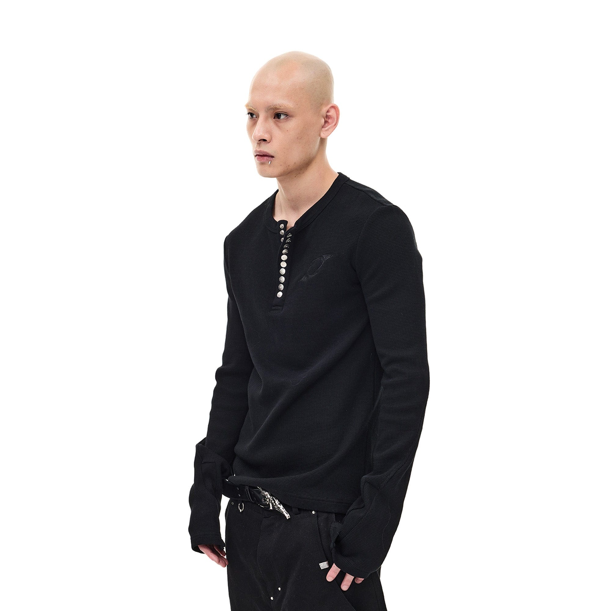 WHISTLEHUNTER Waffle-Knit Snap Henley Long-Sleeve Tee, premium urban and streetwear designers apparel on PROJECTISR.com, WHISTLEHUNTER