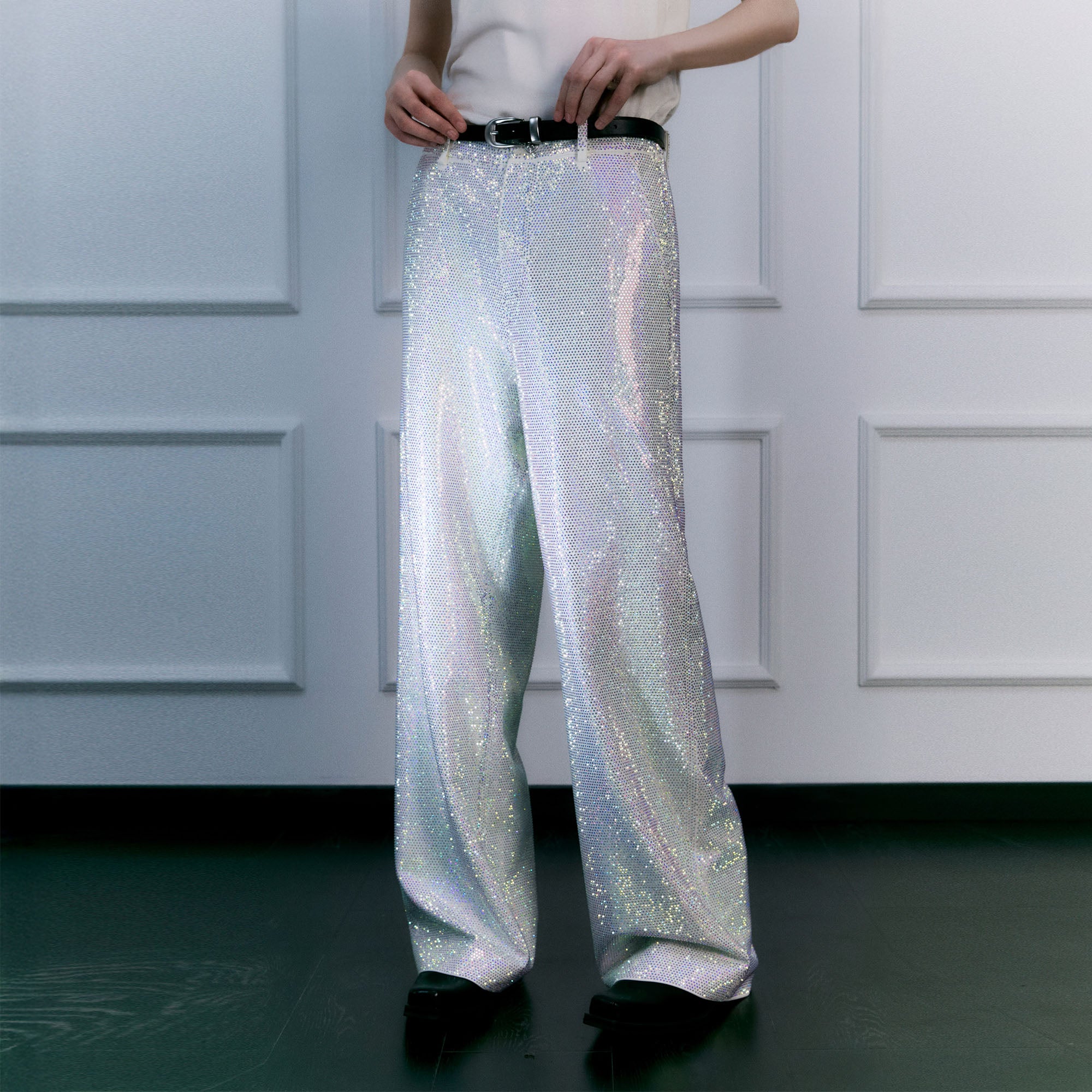 FACEONLAB Iridescent Diamond Wide-Leg Pants, premium urban and streetwear designers apparel on PROJECTISR.com, FACEONLAB