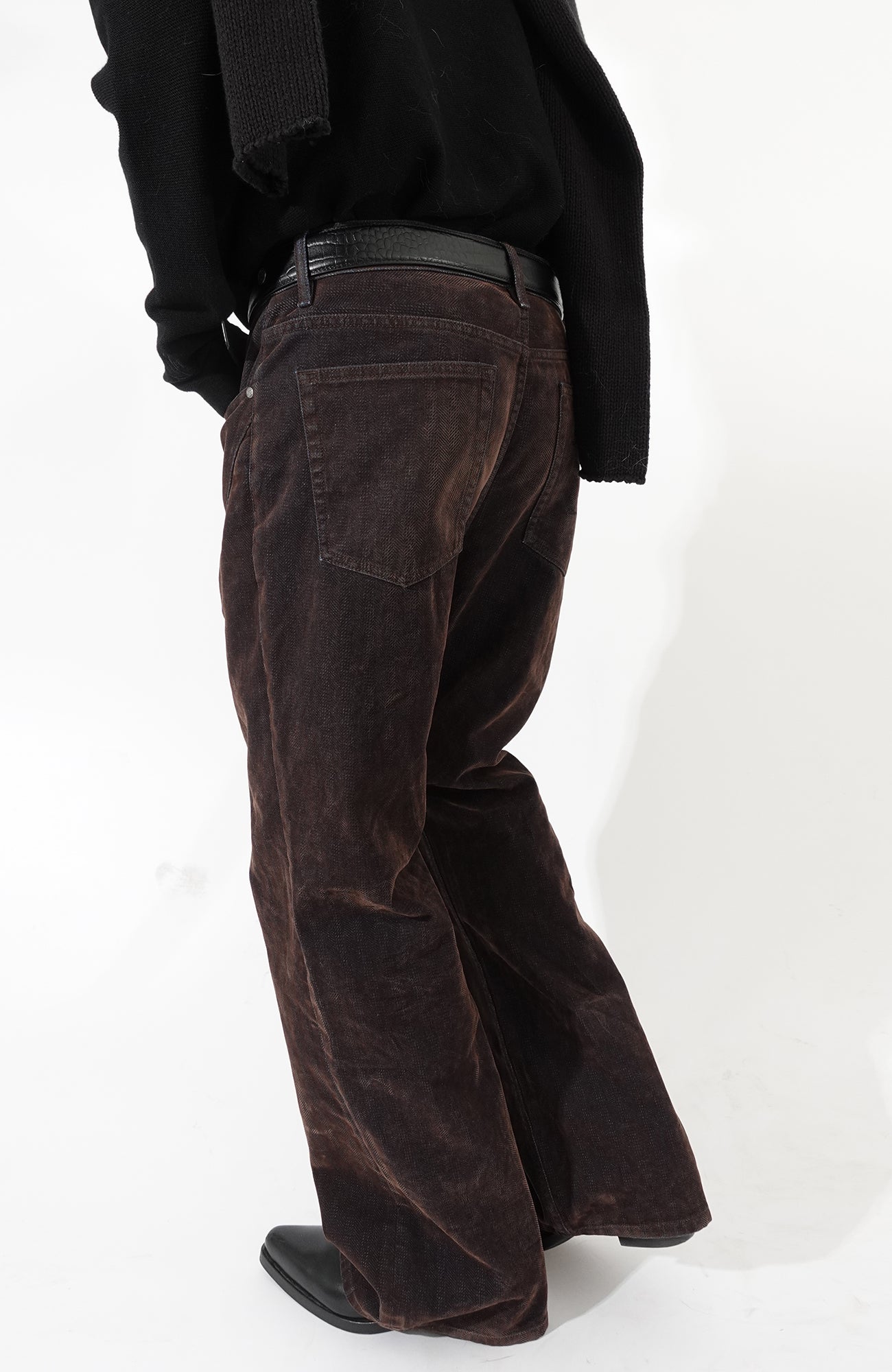 IN EXISTENCE Star Embroidered Herringbone Flocked Flare Jeans, premium urban and streetwear designers apparel on PROJECTISR.com, IN EXISTENCE