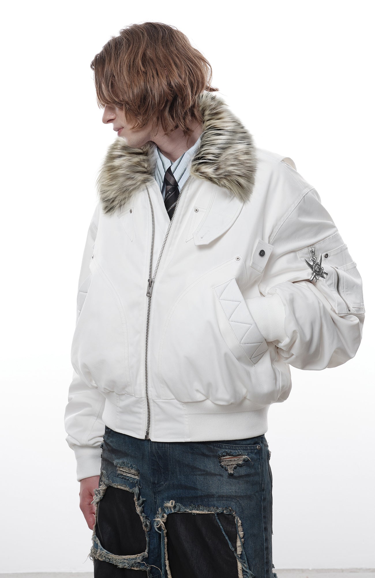 FACEONLAB Faux Fur Collar Utility Bomber Jacket