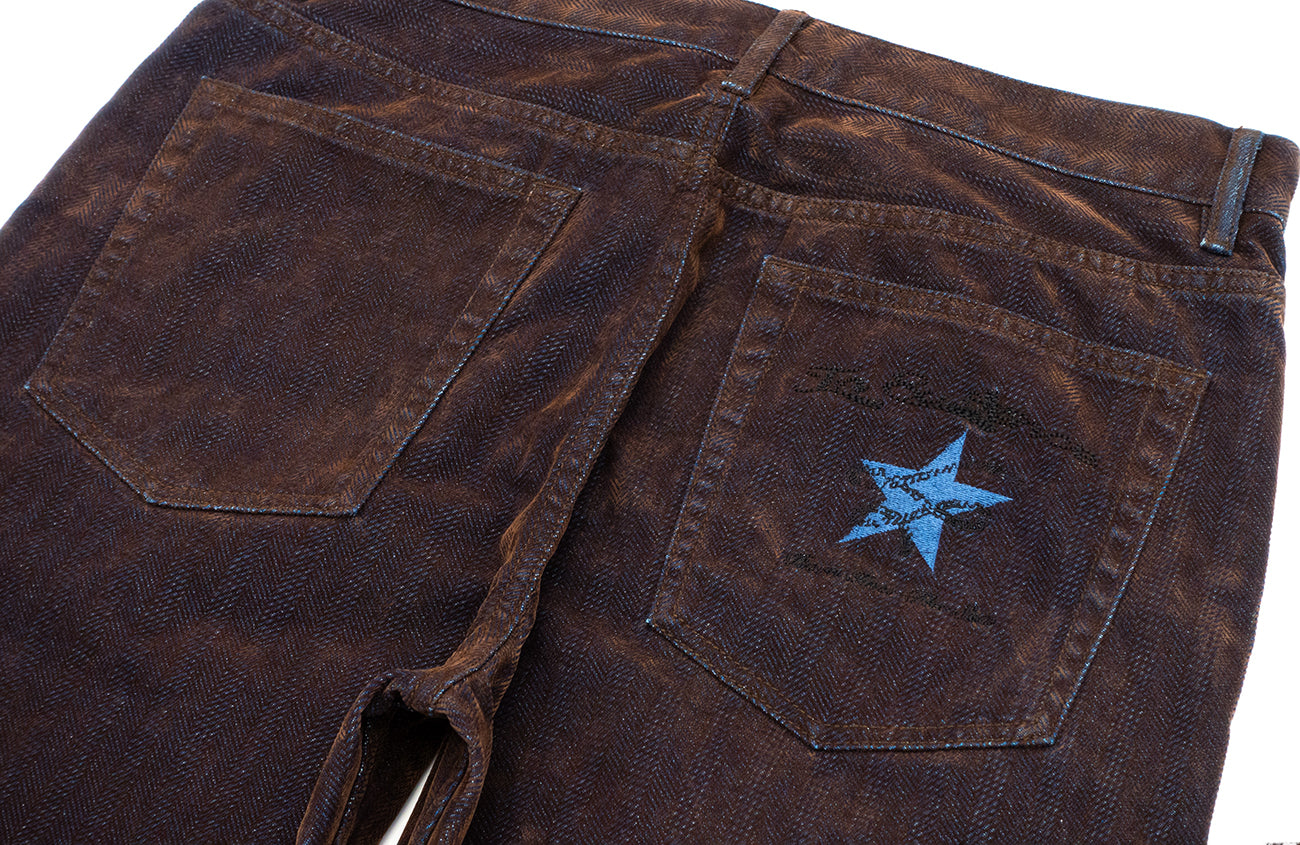 IN EXISTENCE Star Embroidered Herringbone Flocked Flare Jeans, premium urban and streetwear designers apparel on PROJECTISR.com, IN EXISTENCE