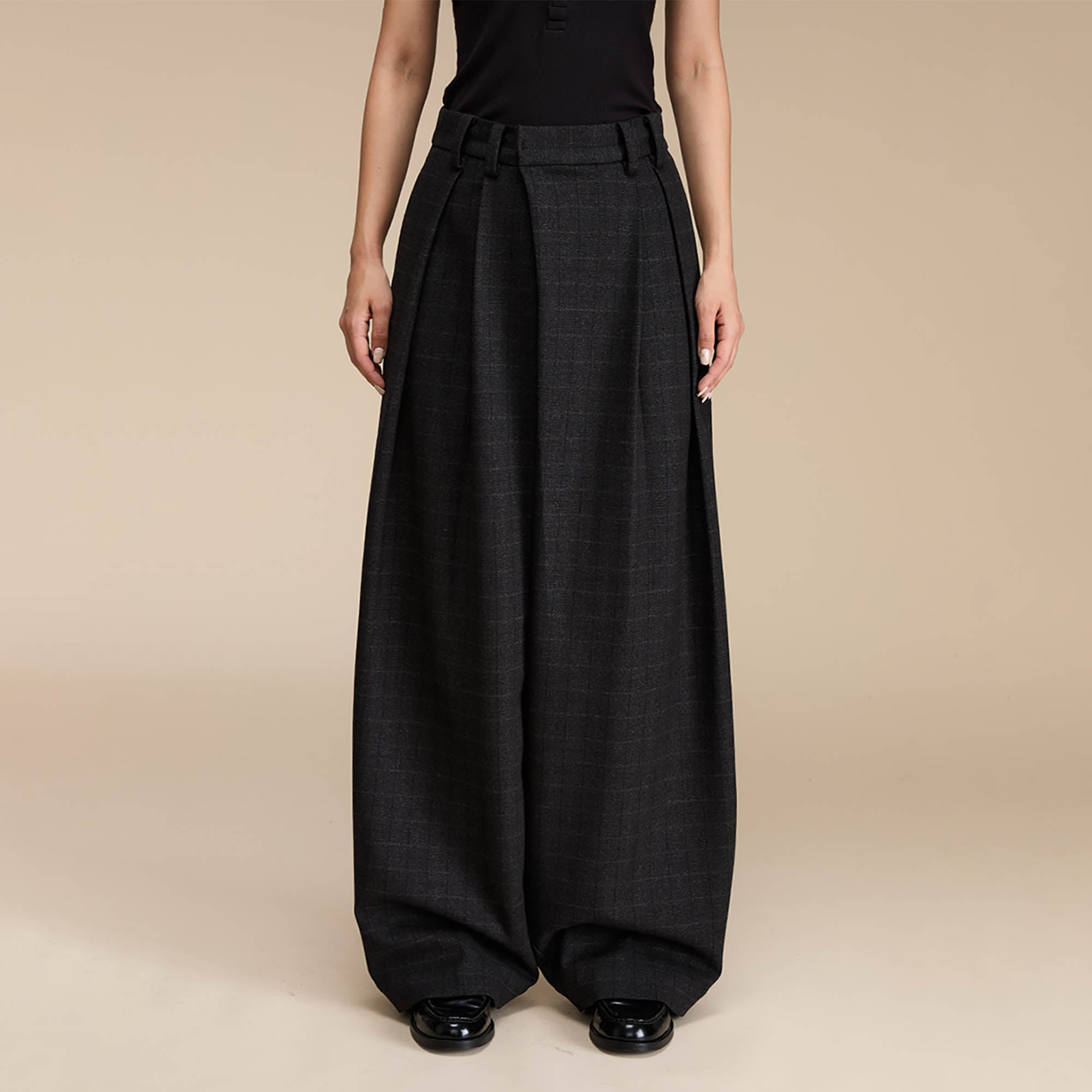 OPICLOTH Plaid Crinkled Wide-Leg Trousers