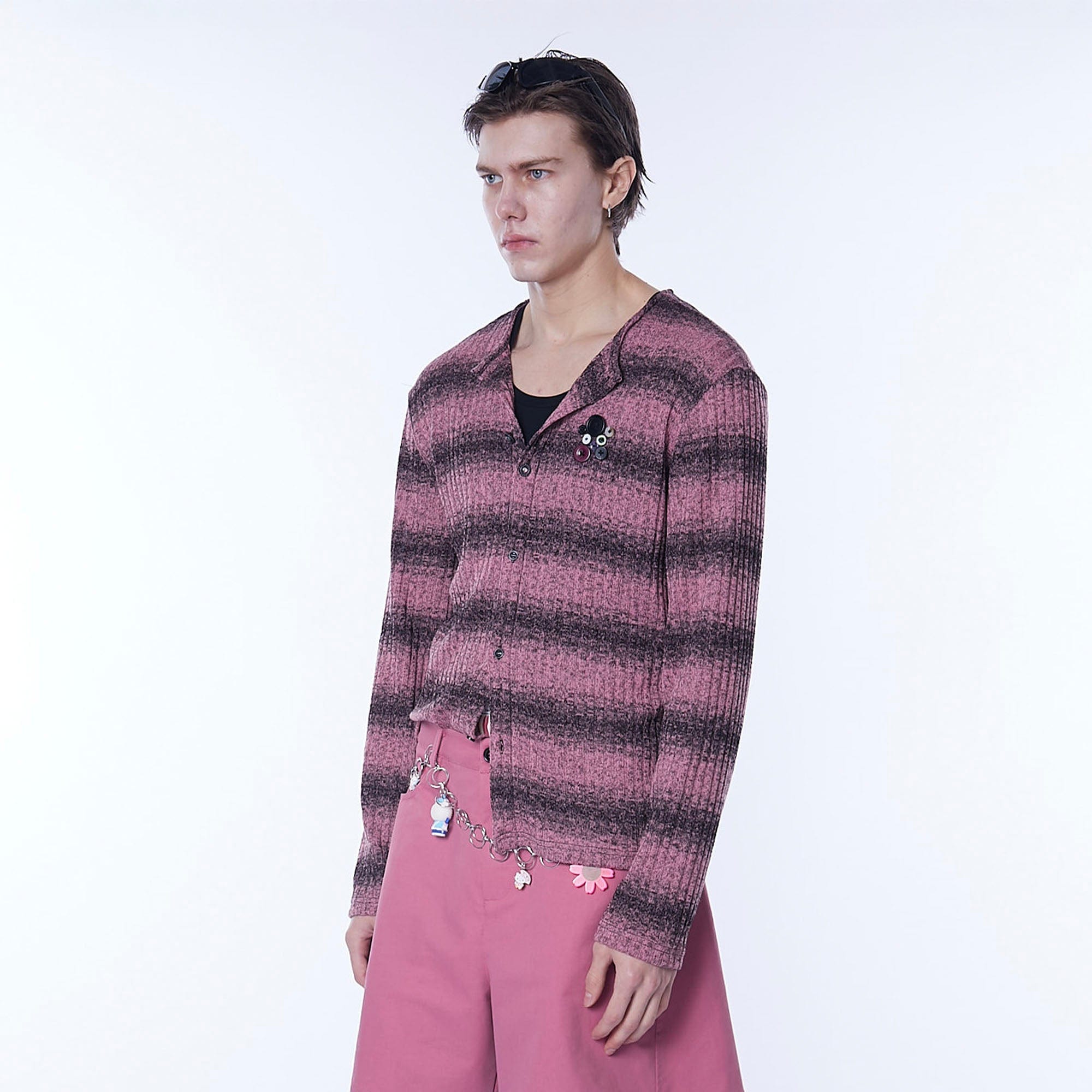 ASSEEN Horizontal Gradient Stripe Button Cardigan Pink, premium urban and streetwear designers apparel on PROJECTISR.com, ASSEEN