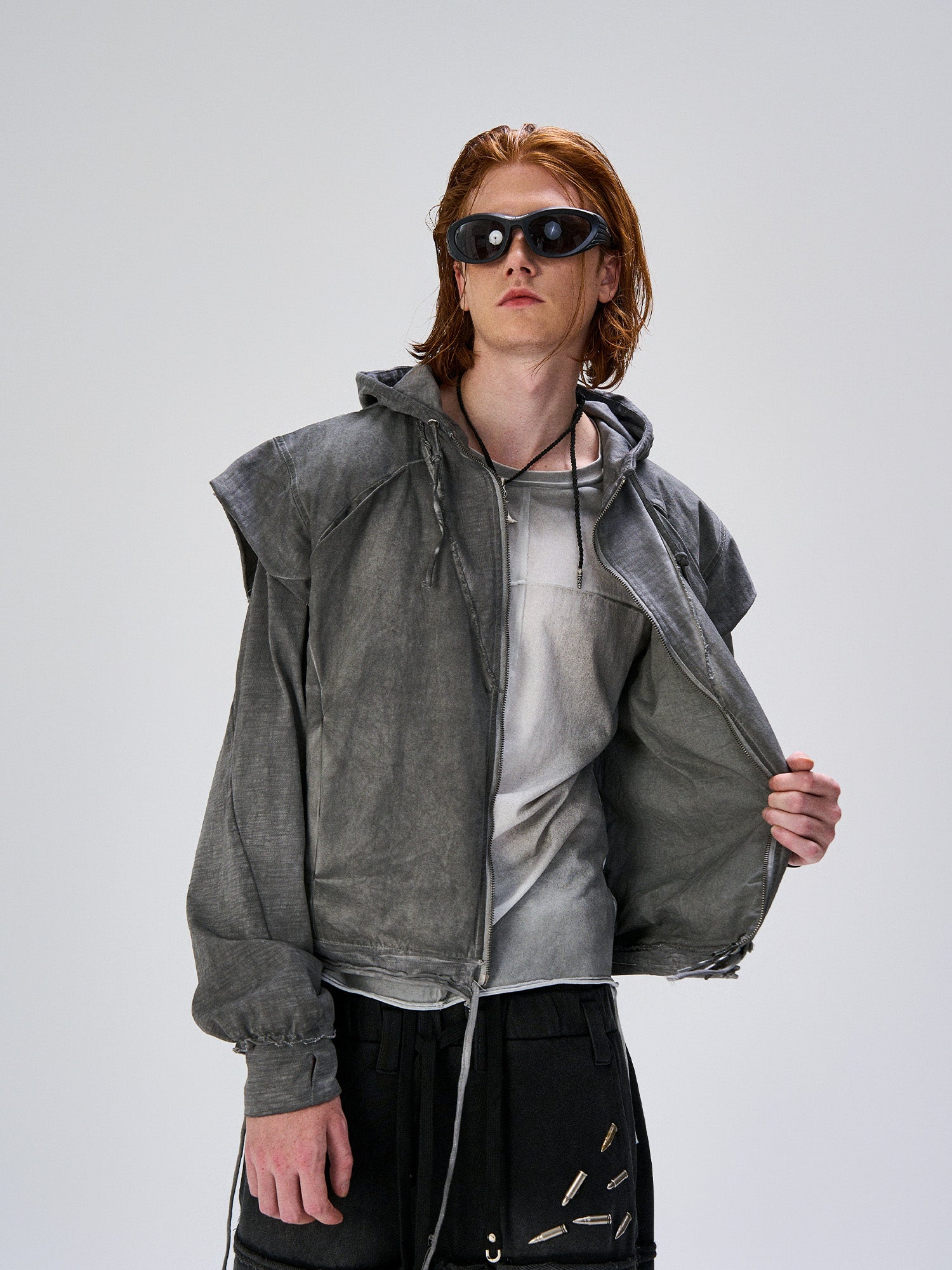 FLYERRER Distressed Layered Drawstring Hooded Jacket, premium urban and streetwear designers apparel on PROJECTISR.com, FLYERRER