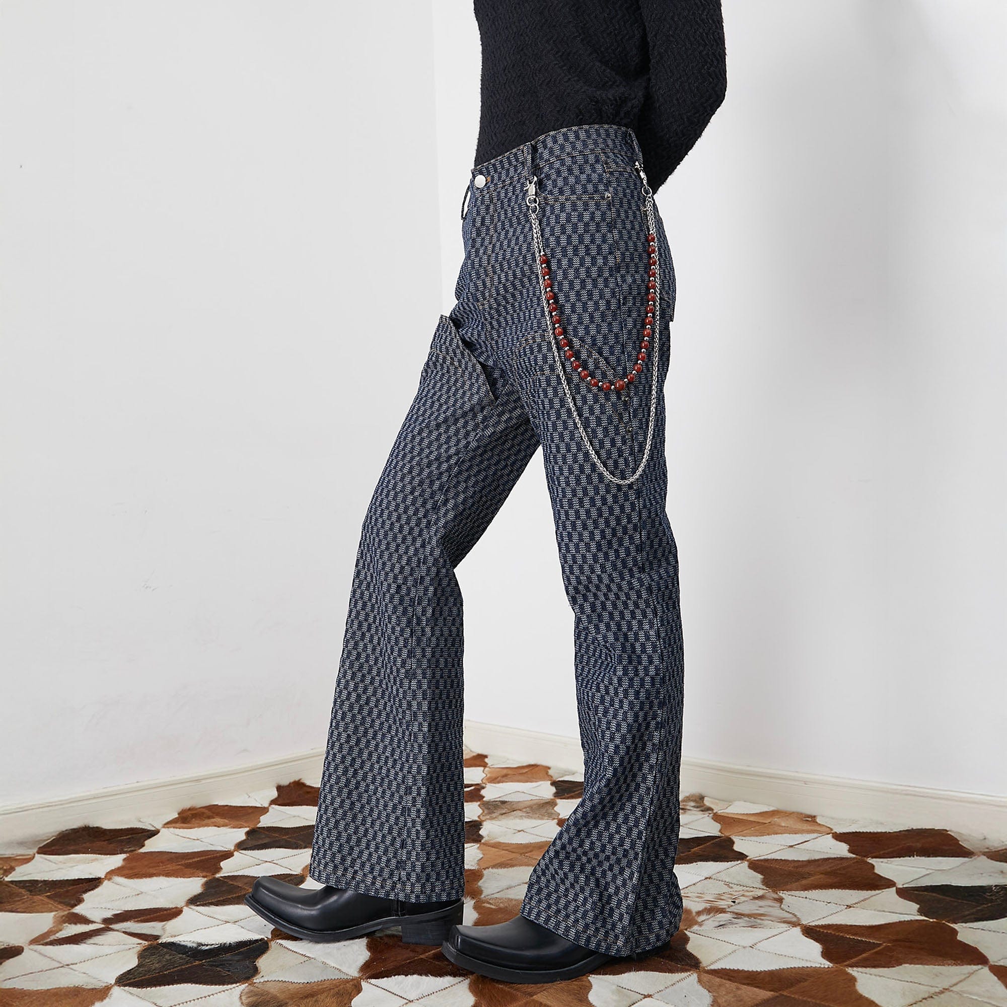 ASSEEN Checkerboard Knee Paneled Flared Jeans, premium urban and streetwear designers apparel on PROJECTISR.com, ASSEEN