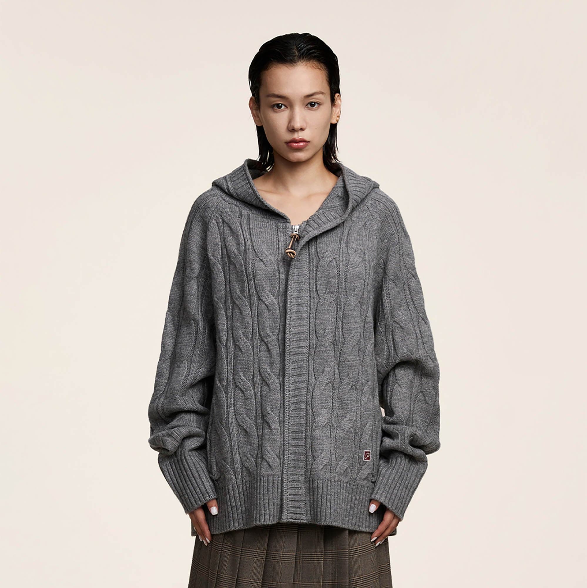 OPICLOTH Cable-Knit Zip-Up Hooded Cardigan