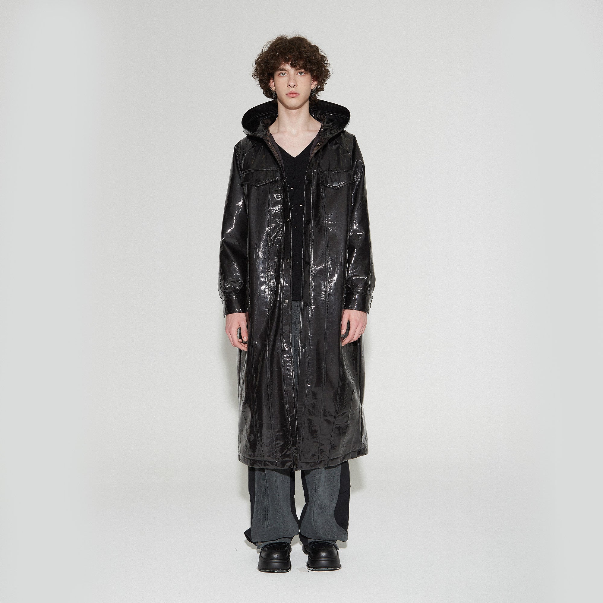 VANN VALRENCE Glossy Belted Hooded Padded Long Coat