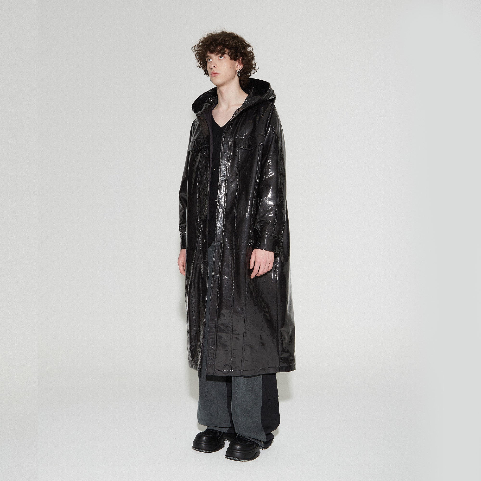 VANN VALRENCE Glossy Belted Hooded Padded Long Coat