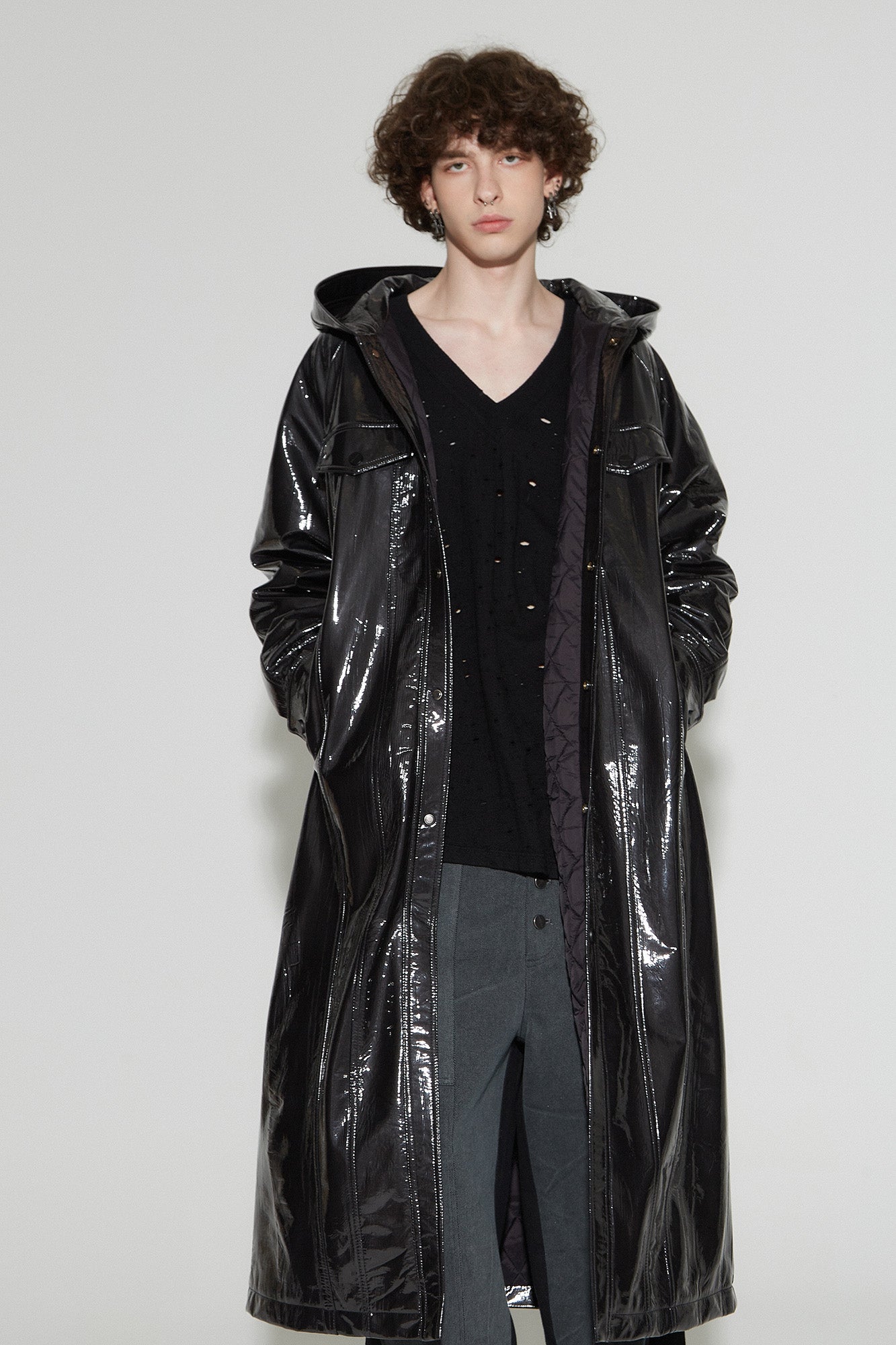 VANN VALRENCE Glossy Belted Hooded Padded Long Coat