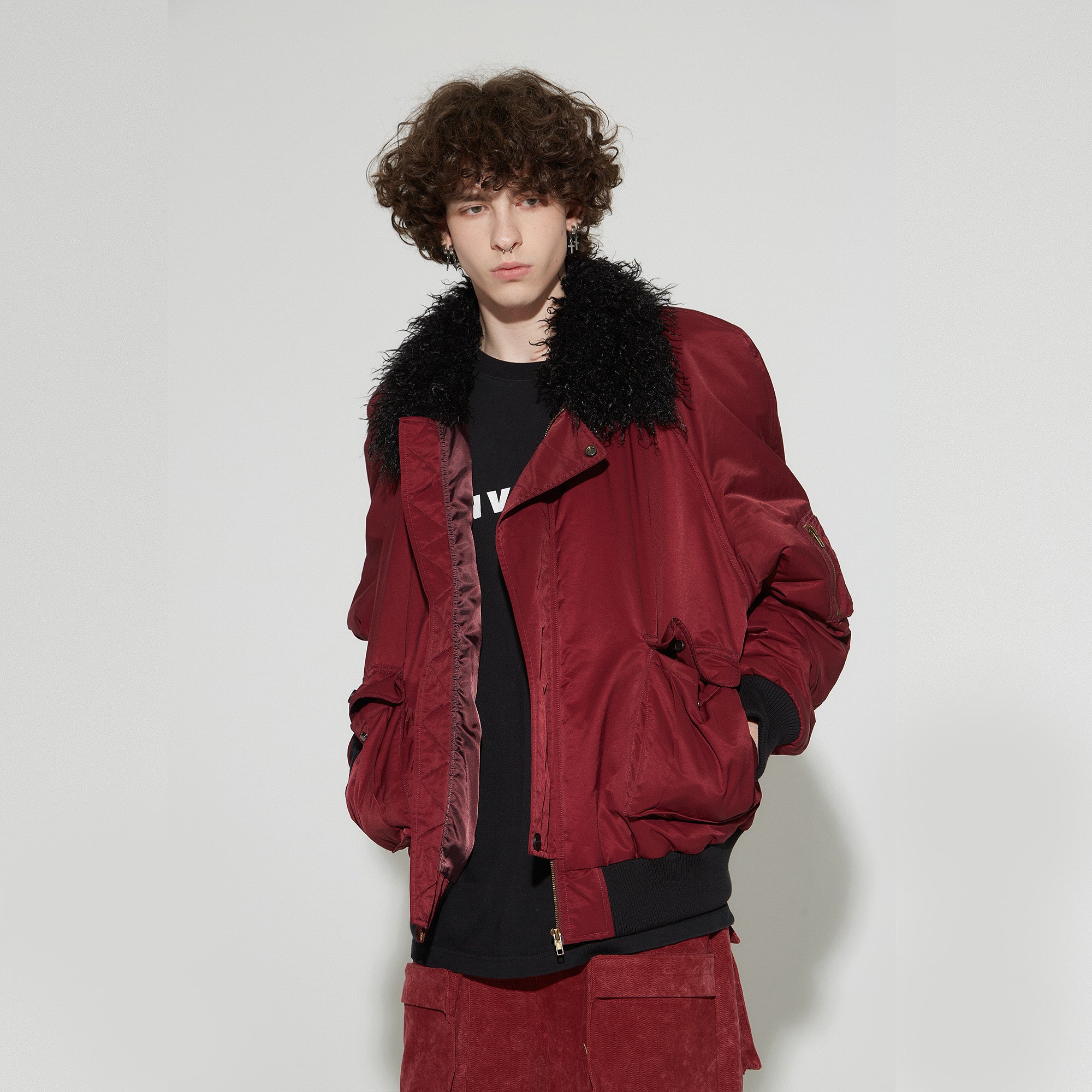 VANN VALRENCE Faux-Fur Collar Puffer Bomber Jacket