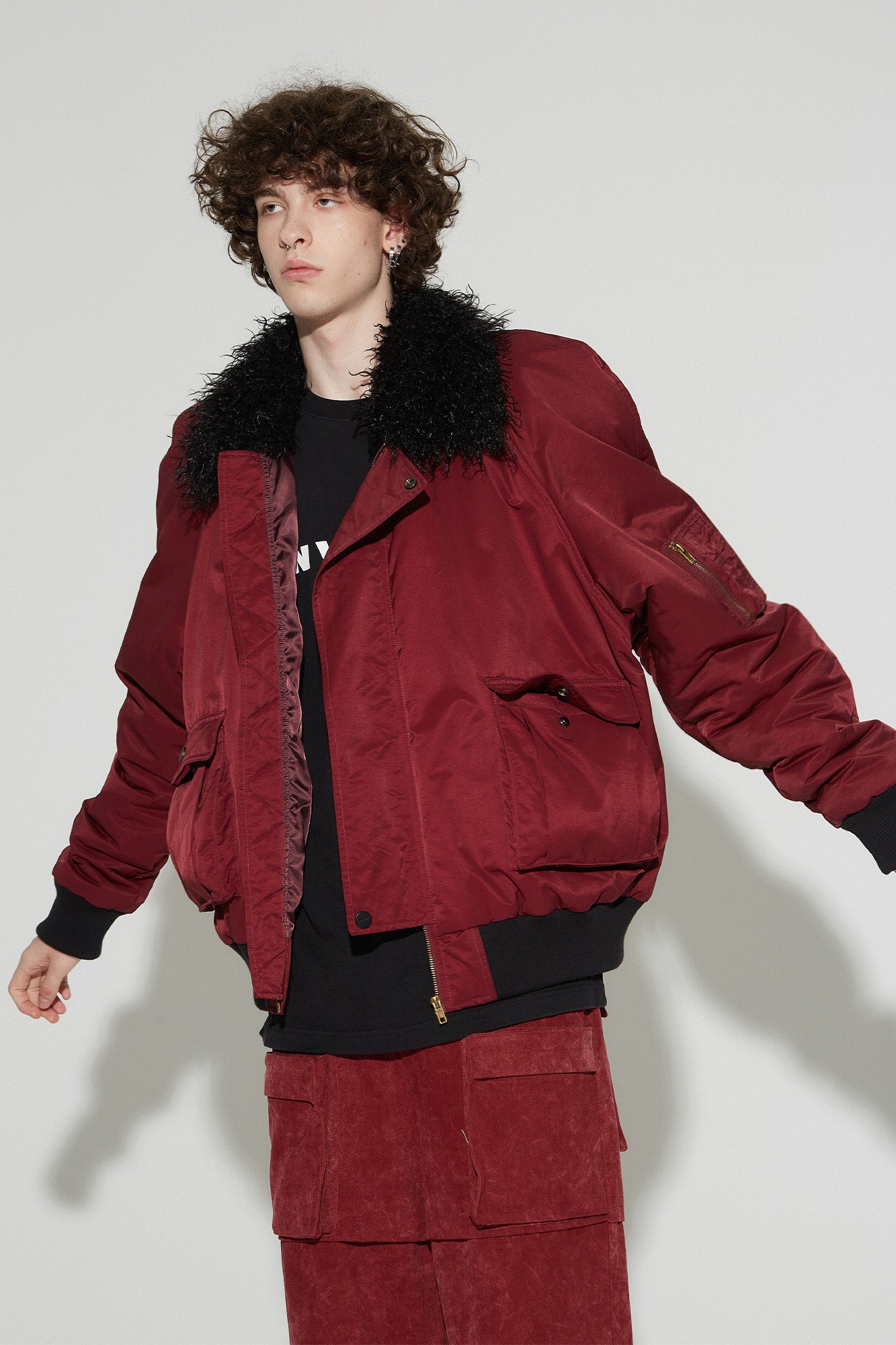 VANN VALRENCE Faux-Fur Collar Puffer Bomber Jacket