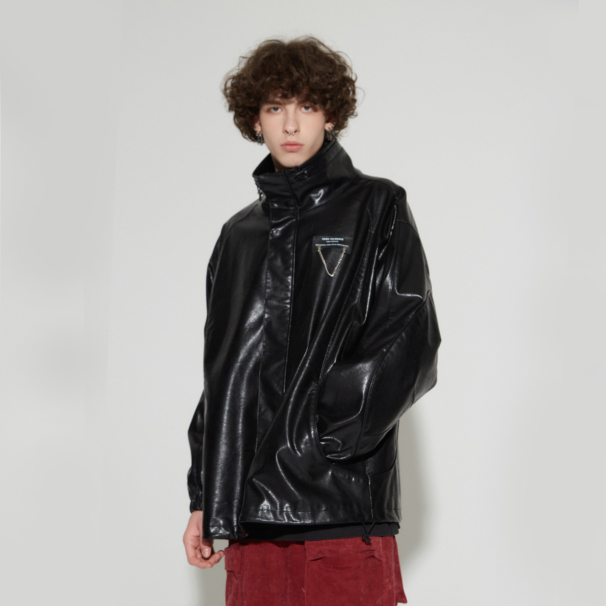 VANN VALRENCE Retro Glossy Faux Leather Jacket