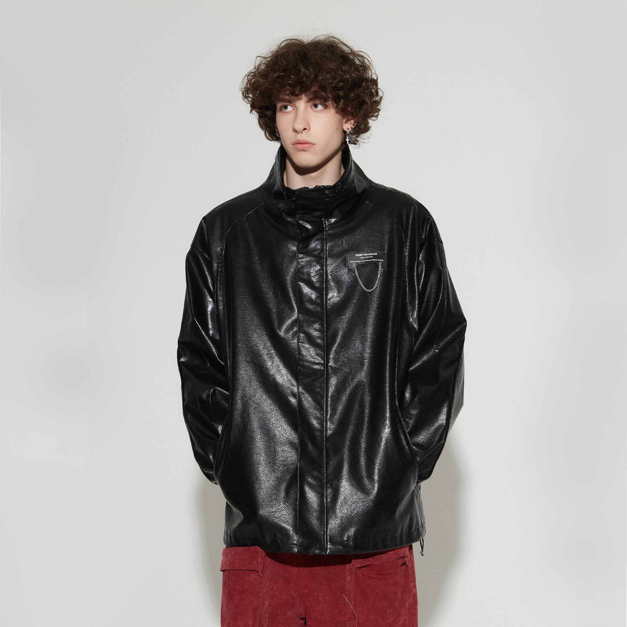 VANN VALRENCE Retro Glossy Faux Leather Jacket