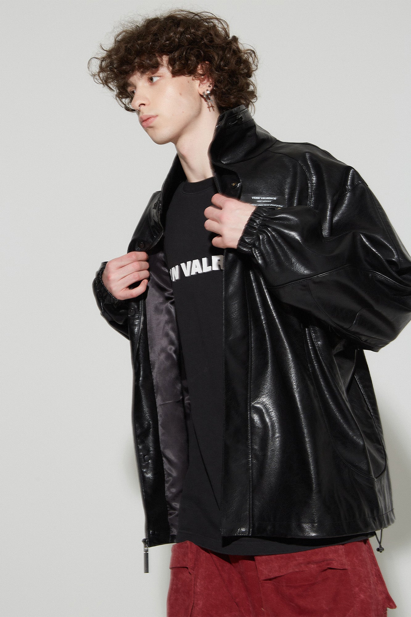 VANN VALRENCE Retro Glossy Faux Leather Jacket