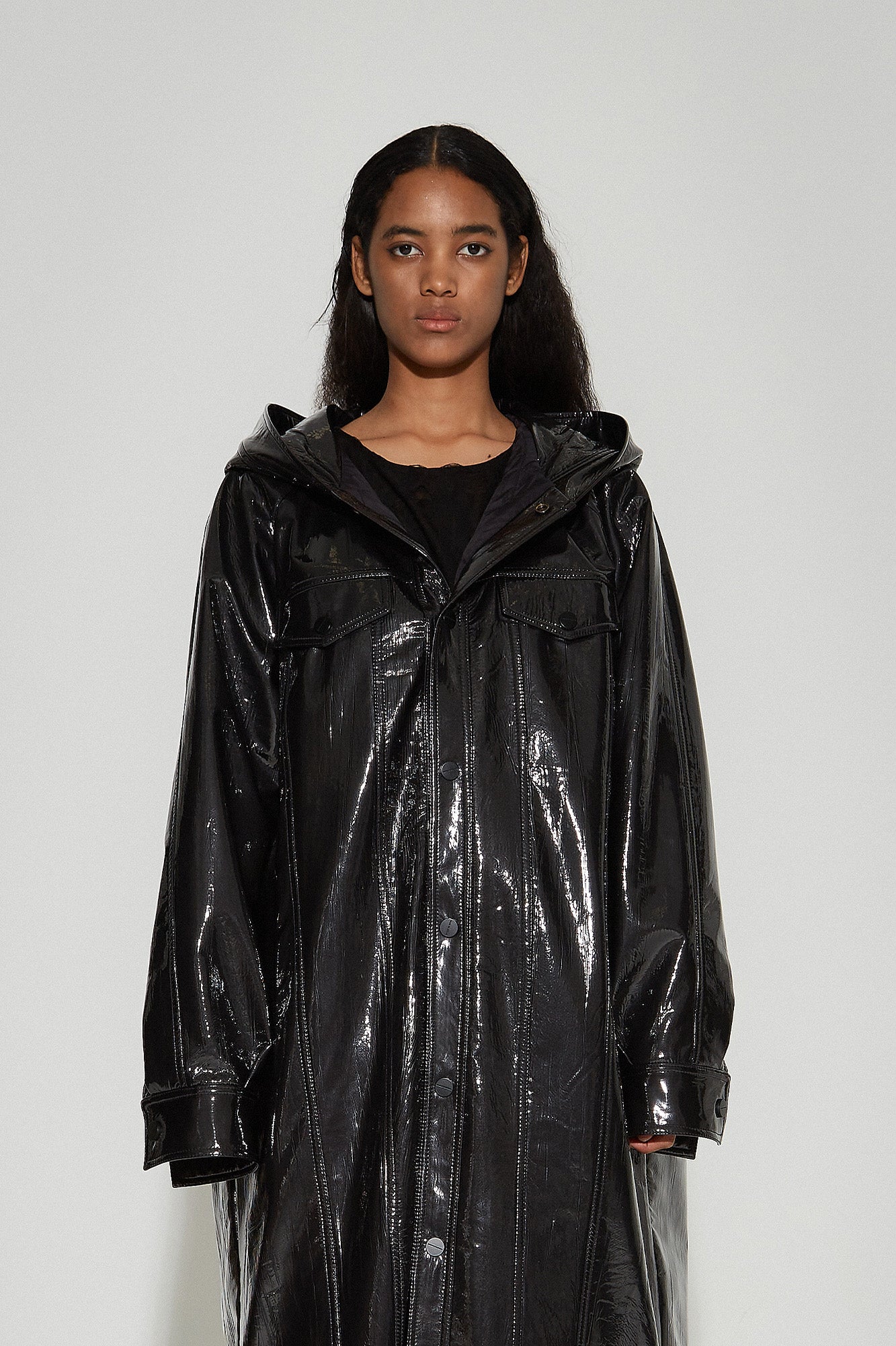 VANN VALRENCE Glossy Belted Hooded Padded Long Coat