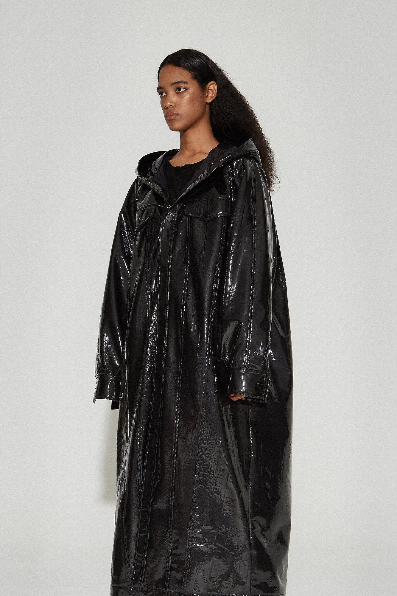 VANN VALRENCE Glossy Belted Hooded Padded Long Coat