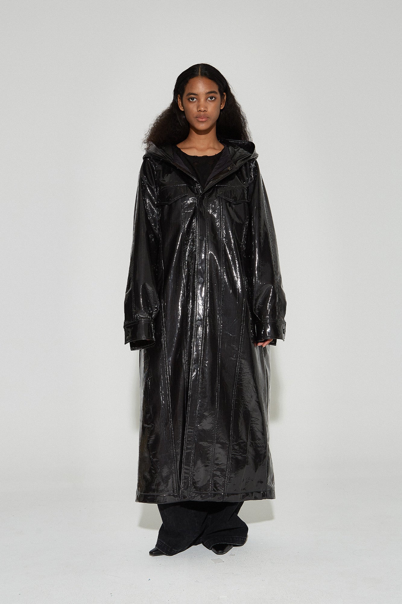 VANN VALRENCE Glossy Belted Hooded Padded Long Coat
