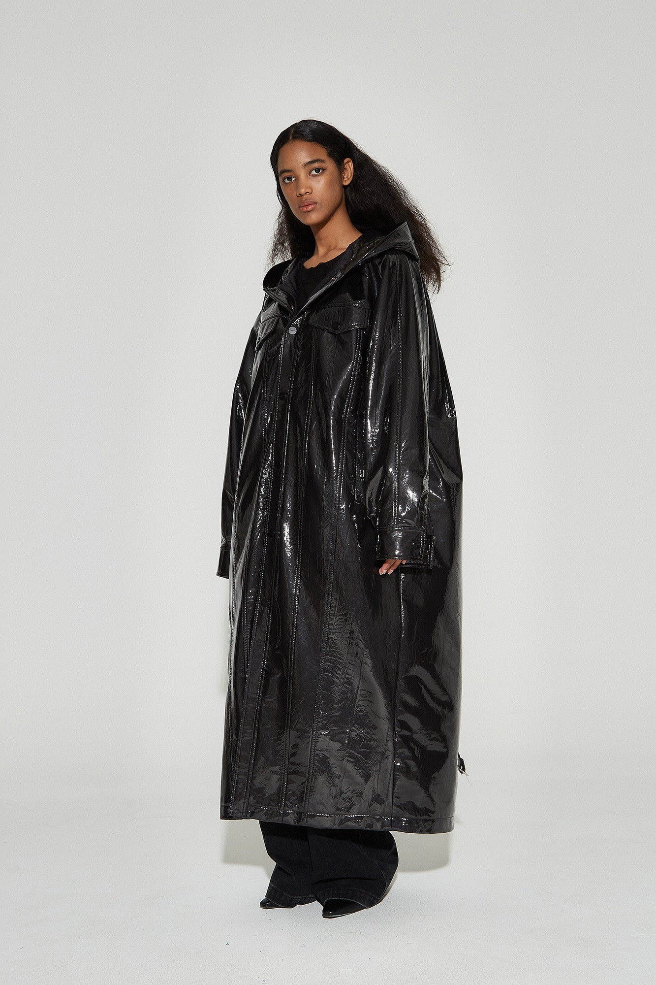 VANN VALRENCE Glossy Belted Hooded Padded Long Coat