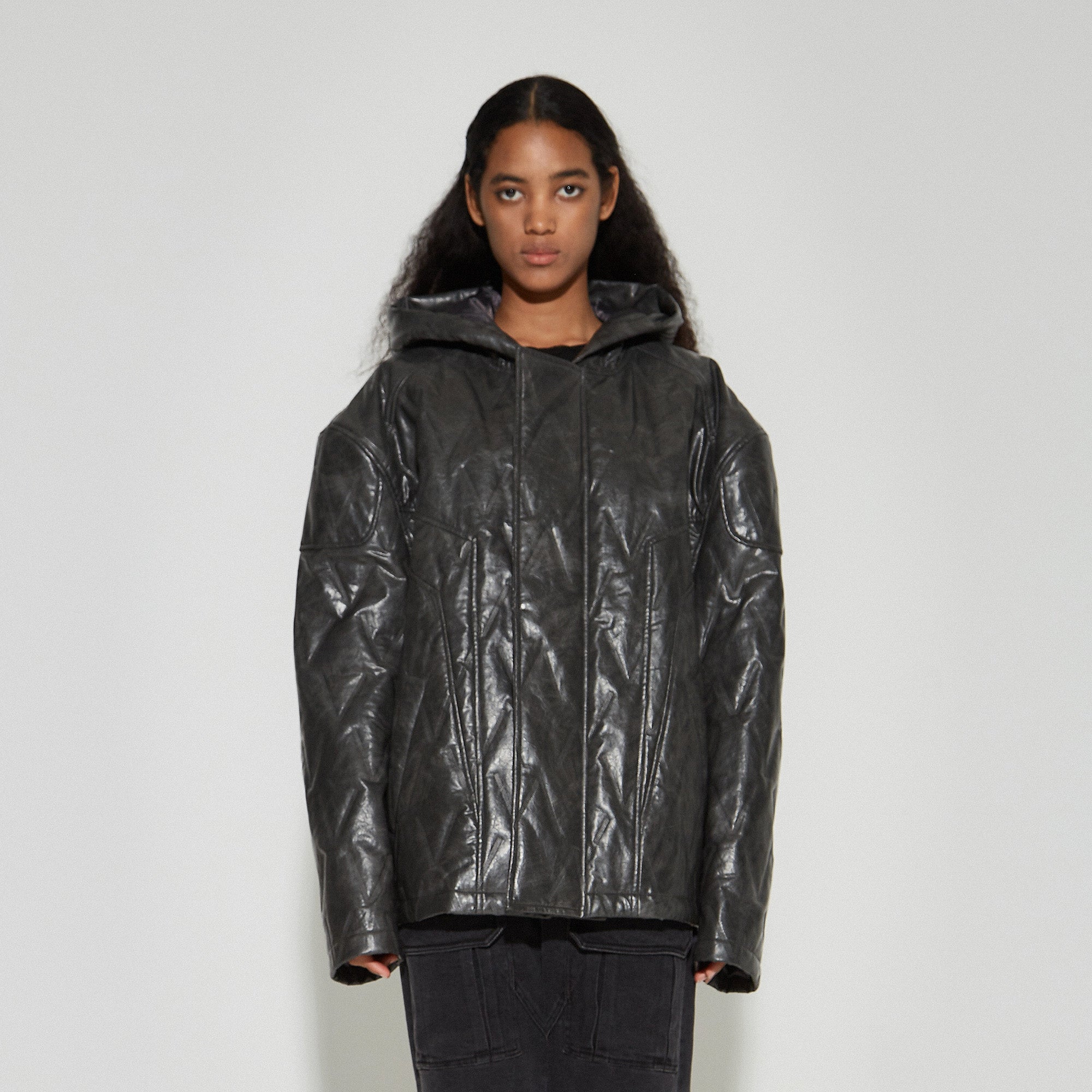 VANN VALRENCE Diamond-Embossed Faux Leather Hooded Puffer