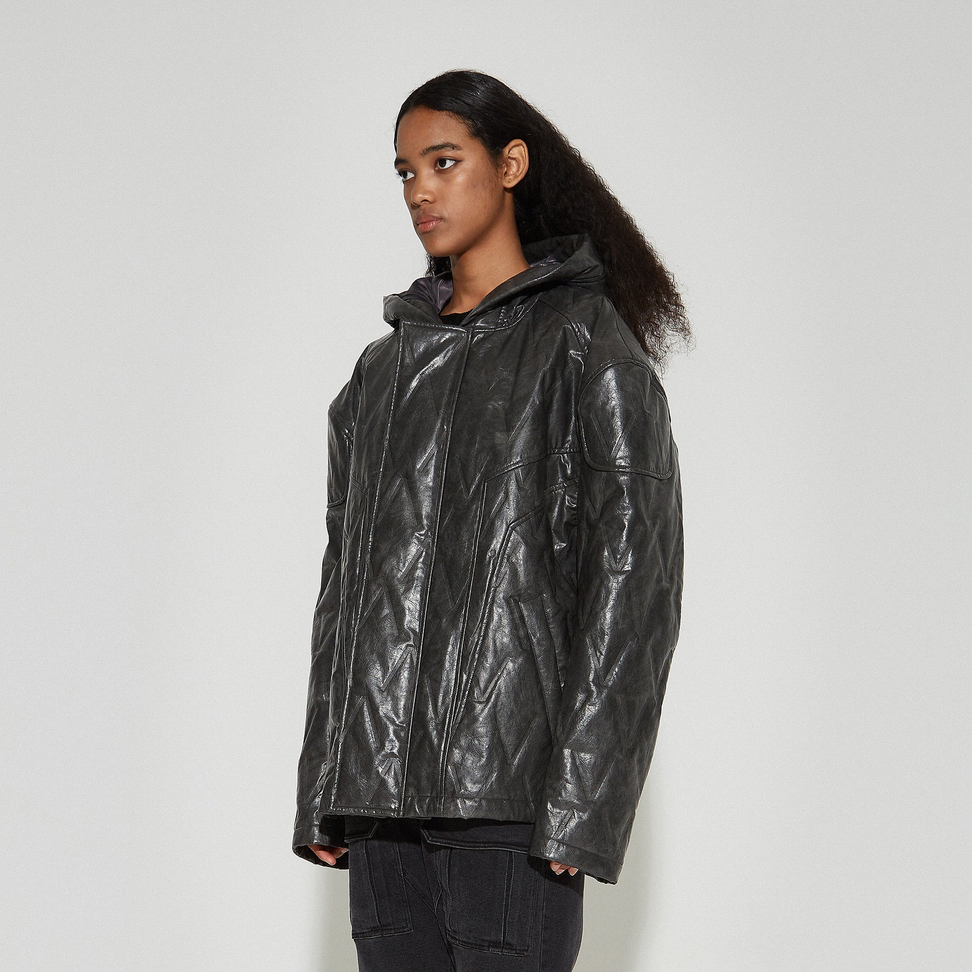 VANN VALRENCE Diamond-Embossed Faux Leather Hooded Puffer