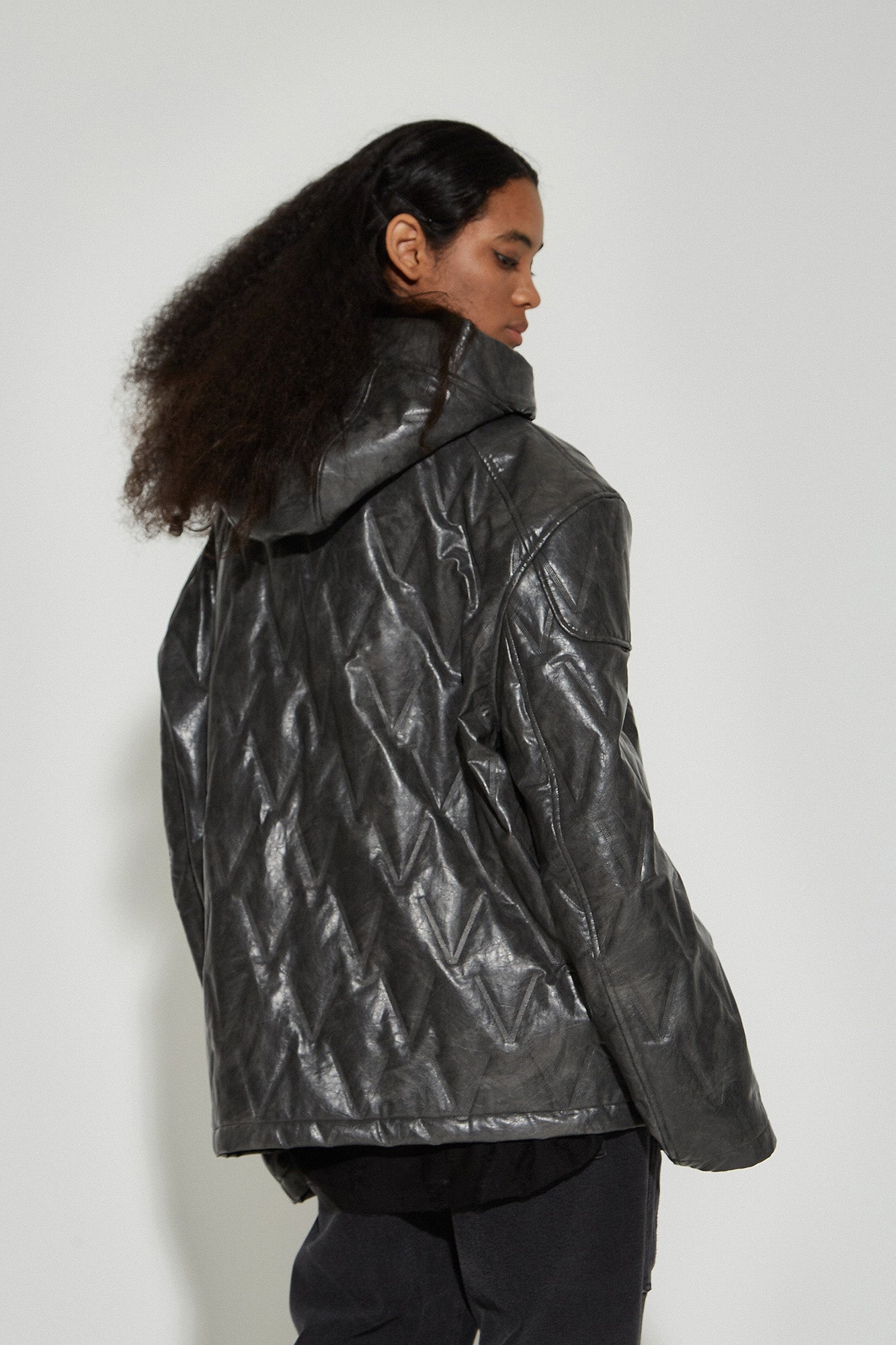 VANN VALRENCE Diamond-Embossed Faux Leather Hooded Puffer