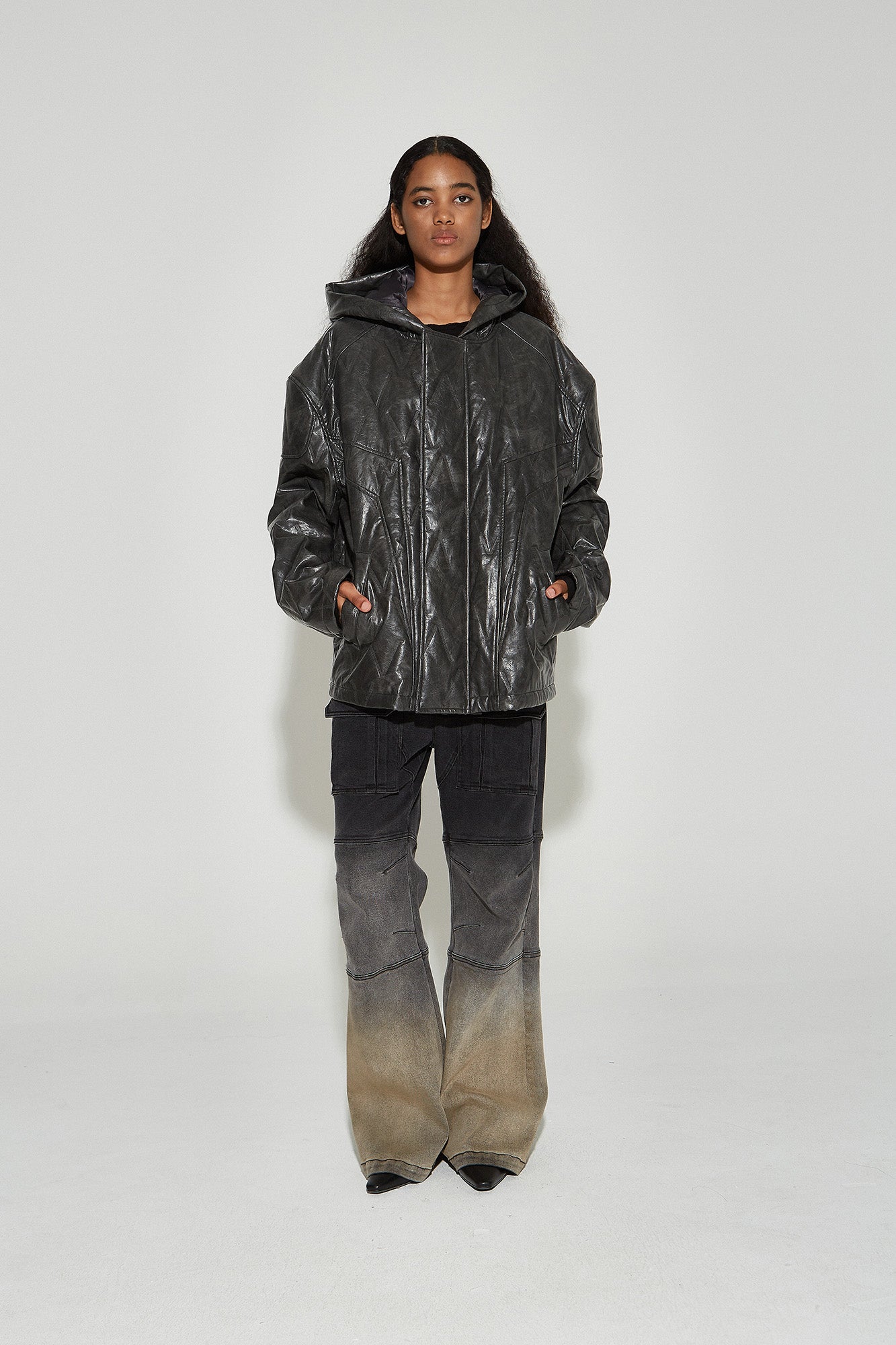 VANN VALRENCE Diamond-Embossed Faux Leather Hooded Puffer