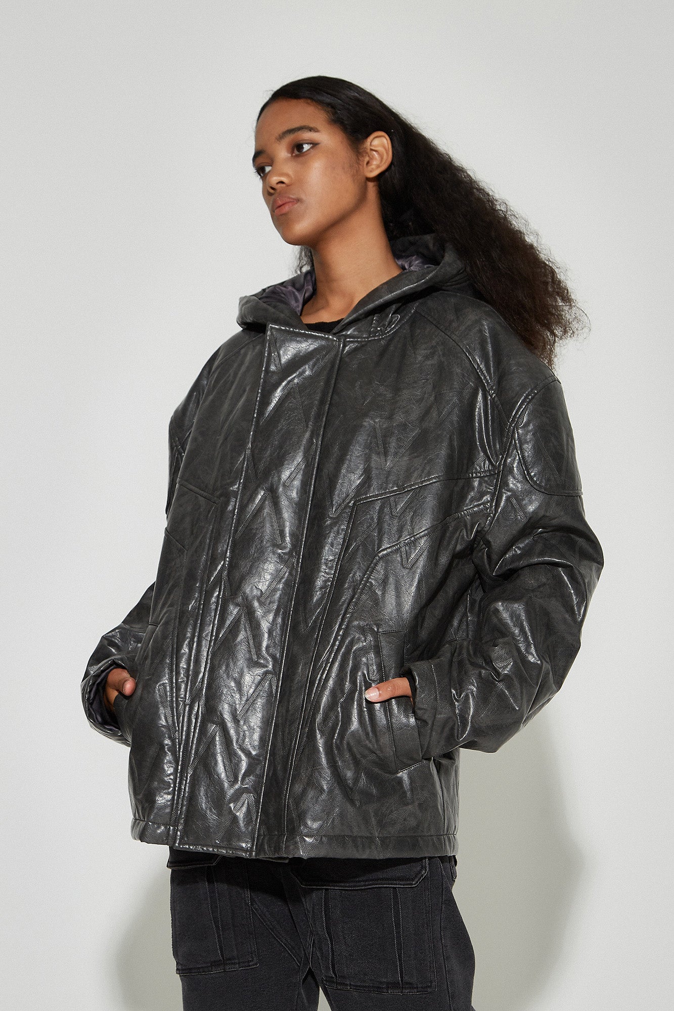 VANN VALRENCE Diamond-Embossed Faux Leather Hooded Puffer