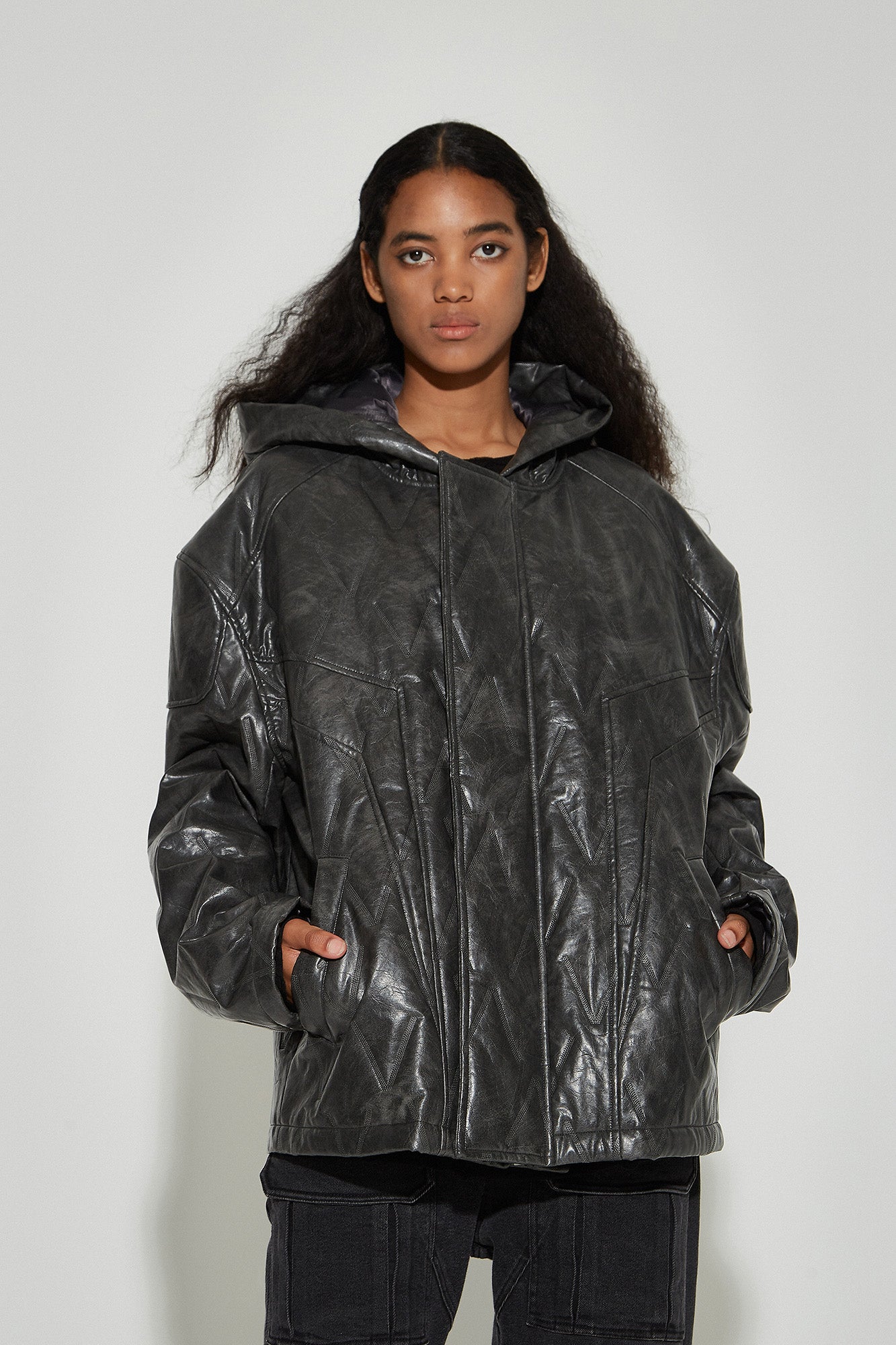 VANN VALRENCE Diamond-Embossed Faux Leather Hooded Puffer