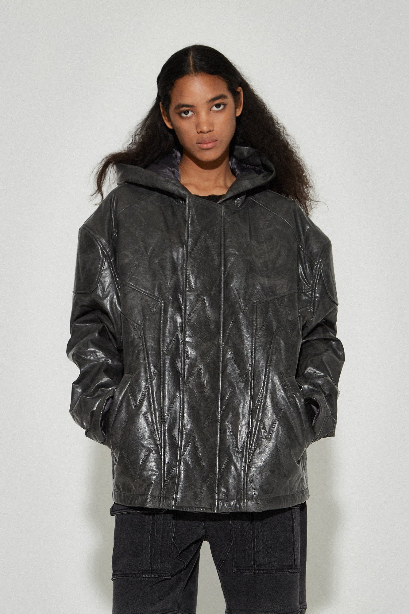 VANN VALRENCE Diamond-Embossed Faux Leather Hooded Puffer