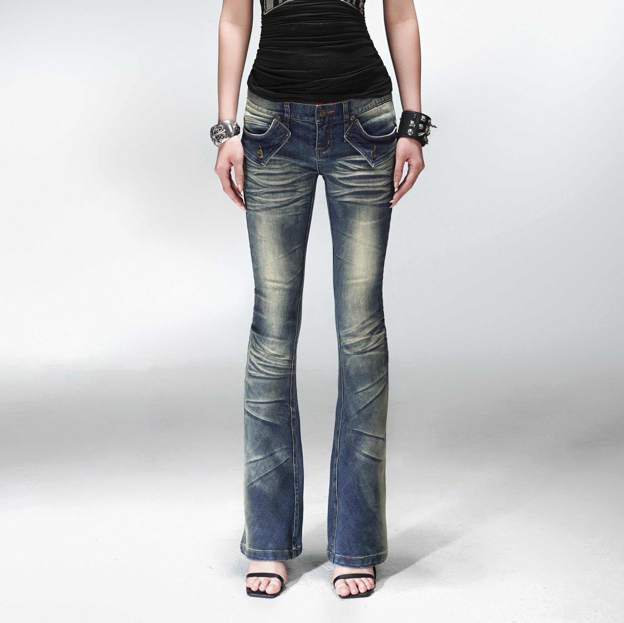 PCCVISION Washed Flap Pockets Slim Flared Jeans