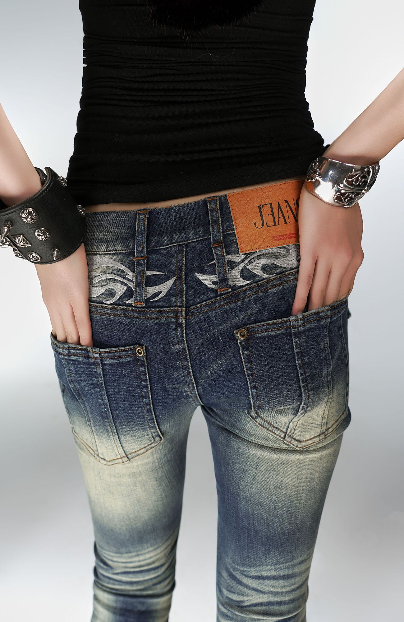 PCCVISION Washed Flap Pockets Slim Flared Jeans