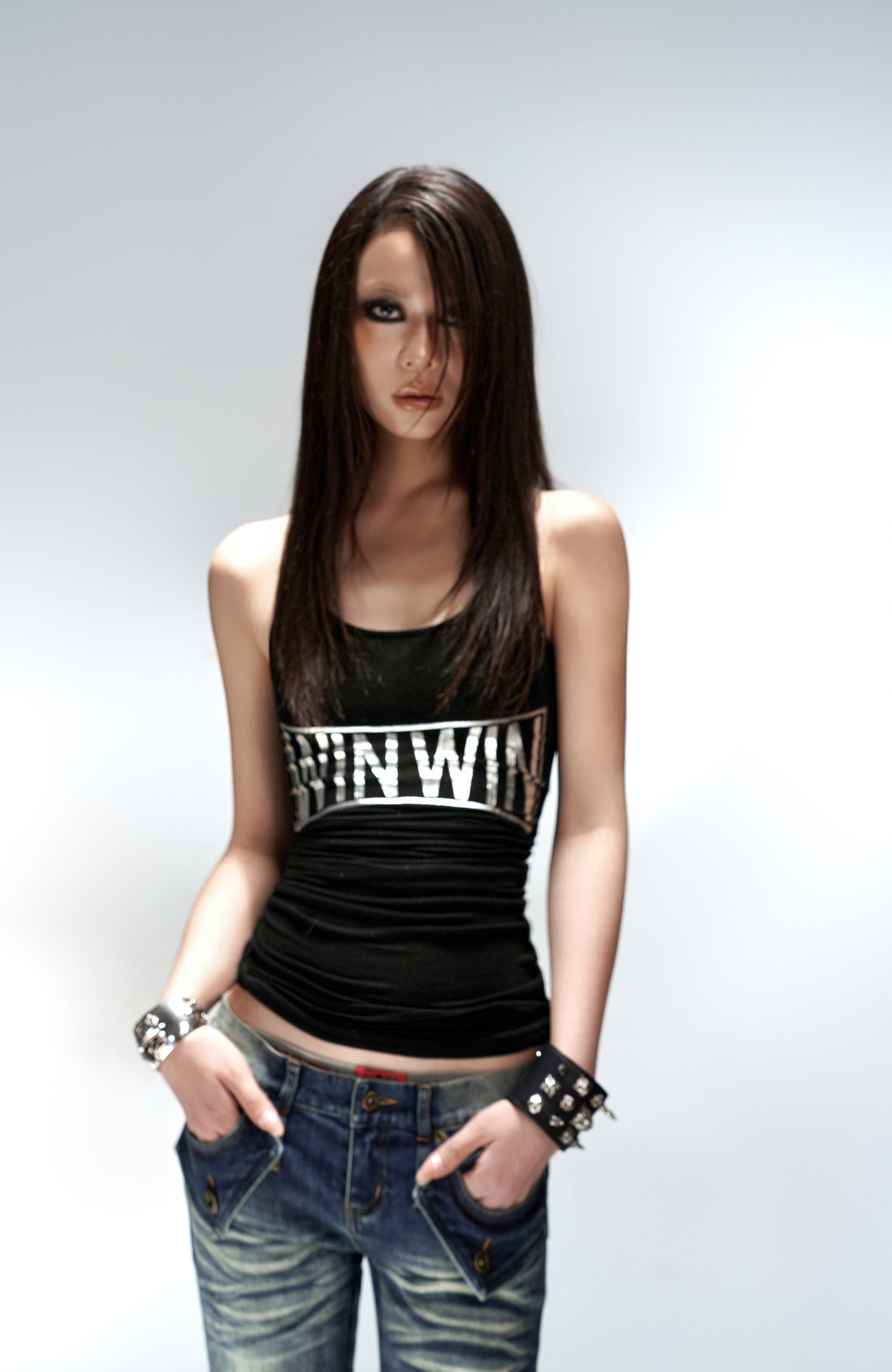 PCCVISION Washed Flap Pockets Slim Flared Jeans