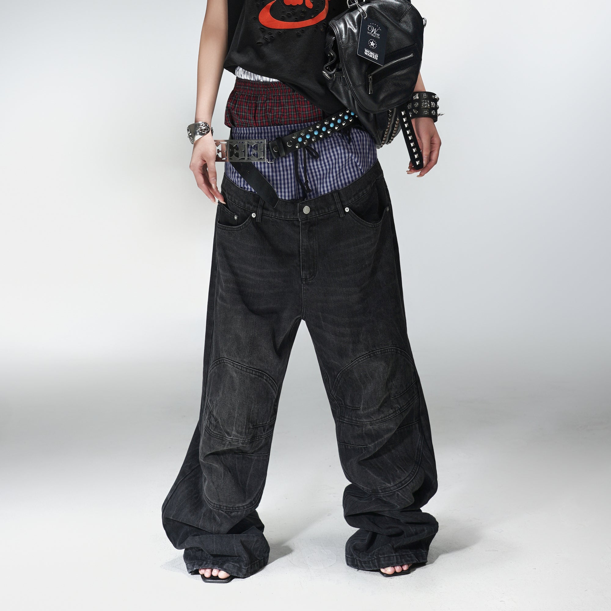 PCCVISION Double-Waist Washed Baggy Jeans display picture 1