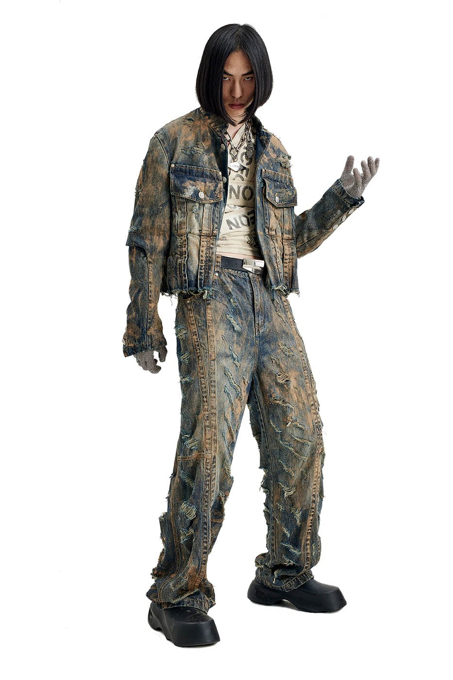 FACEONLAB Distressed Muddy Denim Jacket, premium urban and streetwear designers apparel on PROJECTISR.com, FACEONLAB